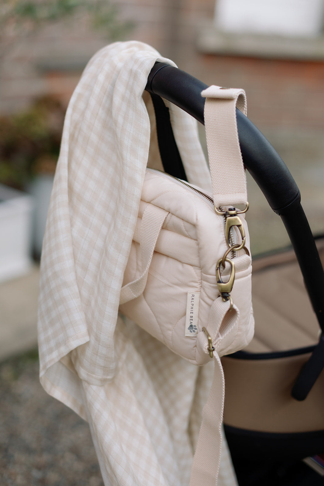 Ralphie Bear Quilted Changing Stroller Bag - Beige/Scallop