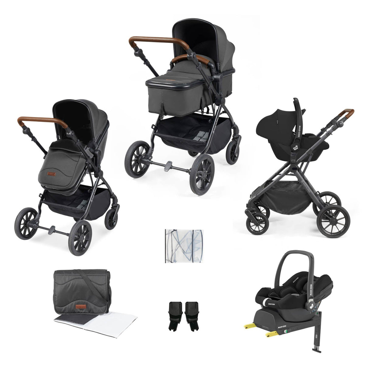Ickle Bubba Cosmo 9 Piece Travel System with Maxi-Cosi CabrioFix i-Size Car Seat & Base - Black/Graphite Grey