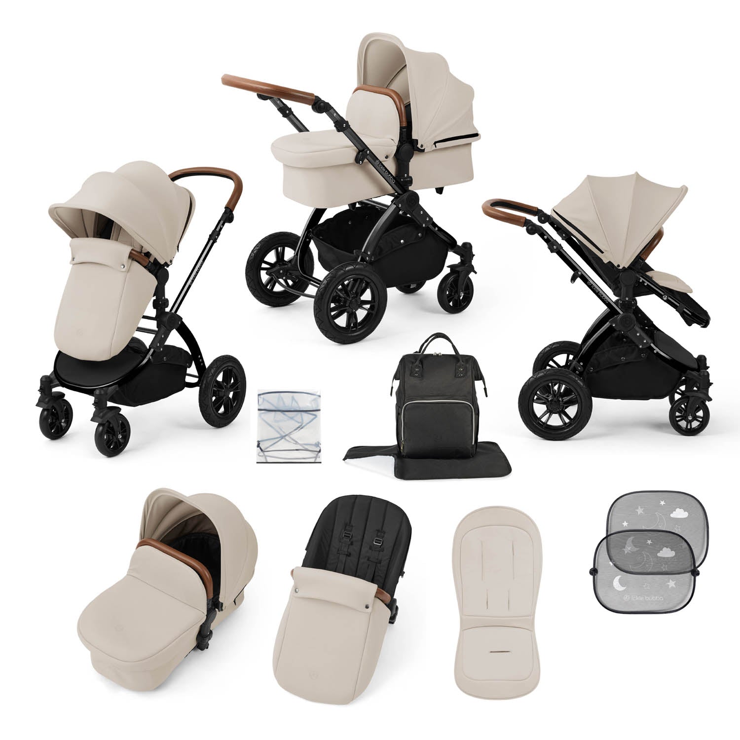 Ickle Bubba Stomp Luxe 9 Piece Pram Bundle - Black/Stone/Tan