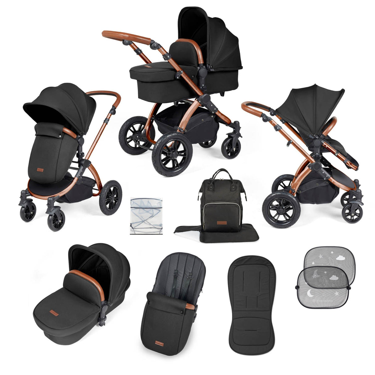 Ickle Bubba Stomp Luxe 9 Piece Pram Bundle - Bronze/Midnight/Tan