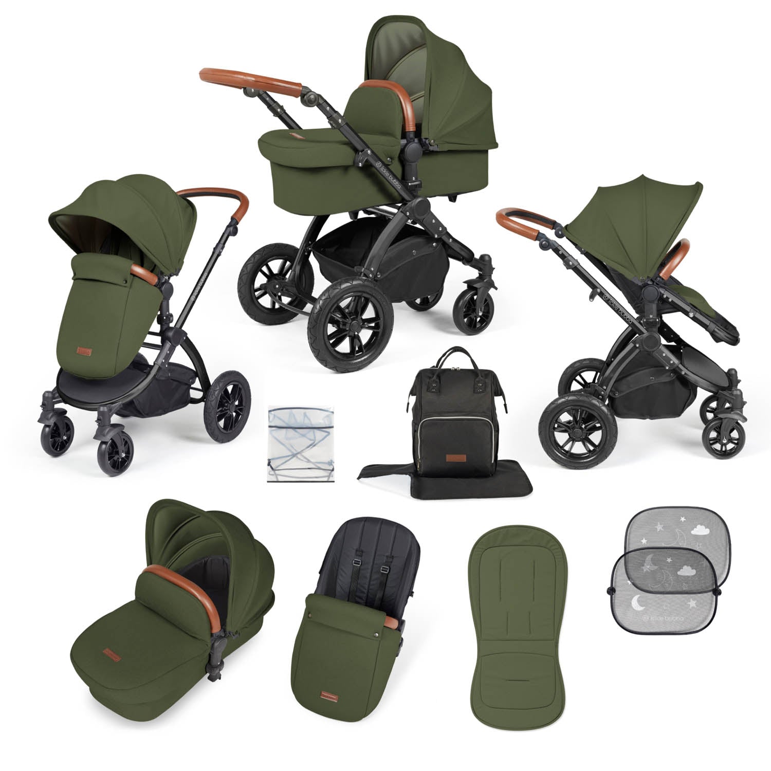Ickle Bubba Stomp Luxe 9 Piece Pram Bundle - Black/Woodland/Tan