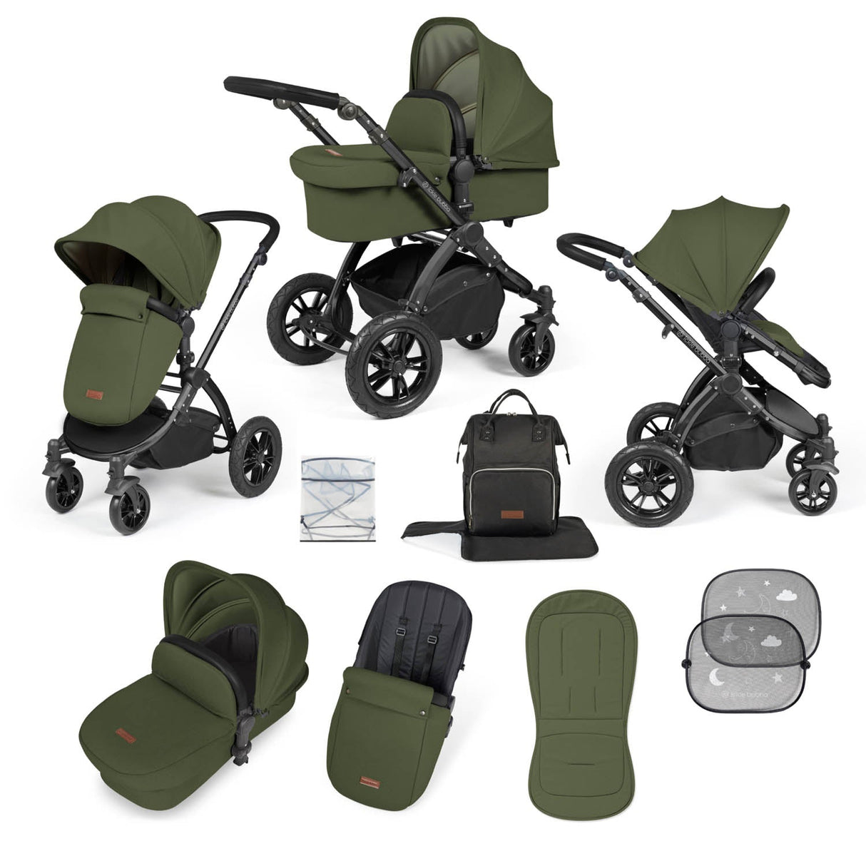 Ickle Bubba Stomp Luxe 9 Piece Pram Bundle - Black/Woodland/Black