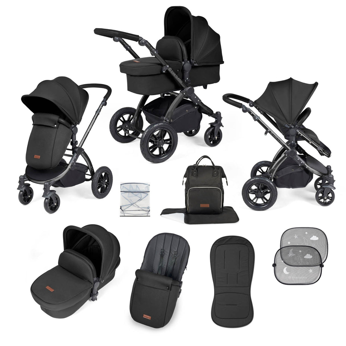 Ickle Bubba Stomp Luxe 9 Piece Pram Bundle - Black/Midnight/Black