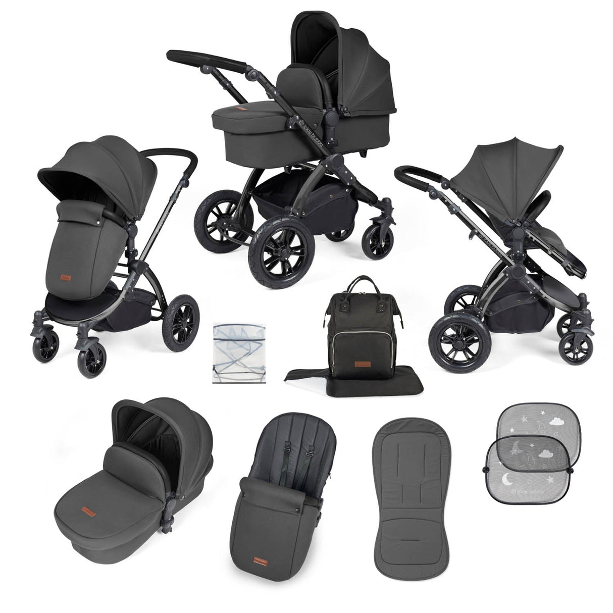 Ickle Bubba Stomp Luxe 9 Piece Pram Bundle - Black/Charcoal Grey/Black