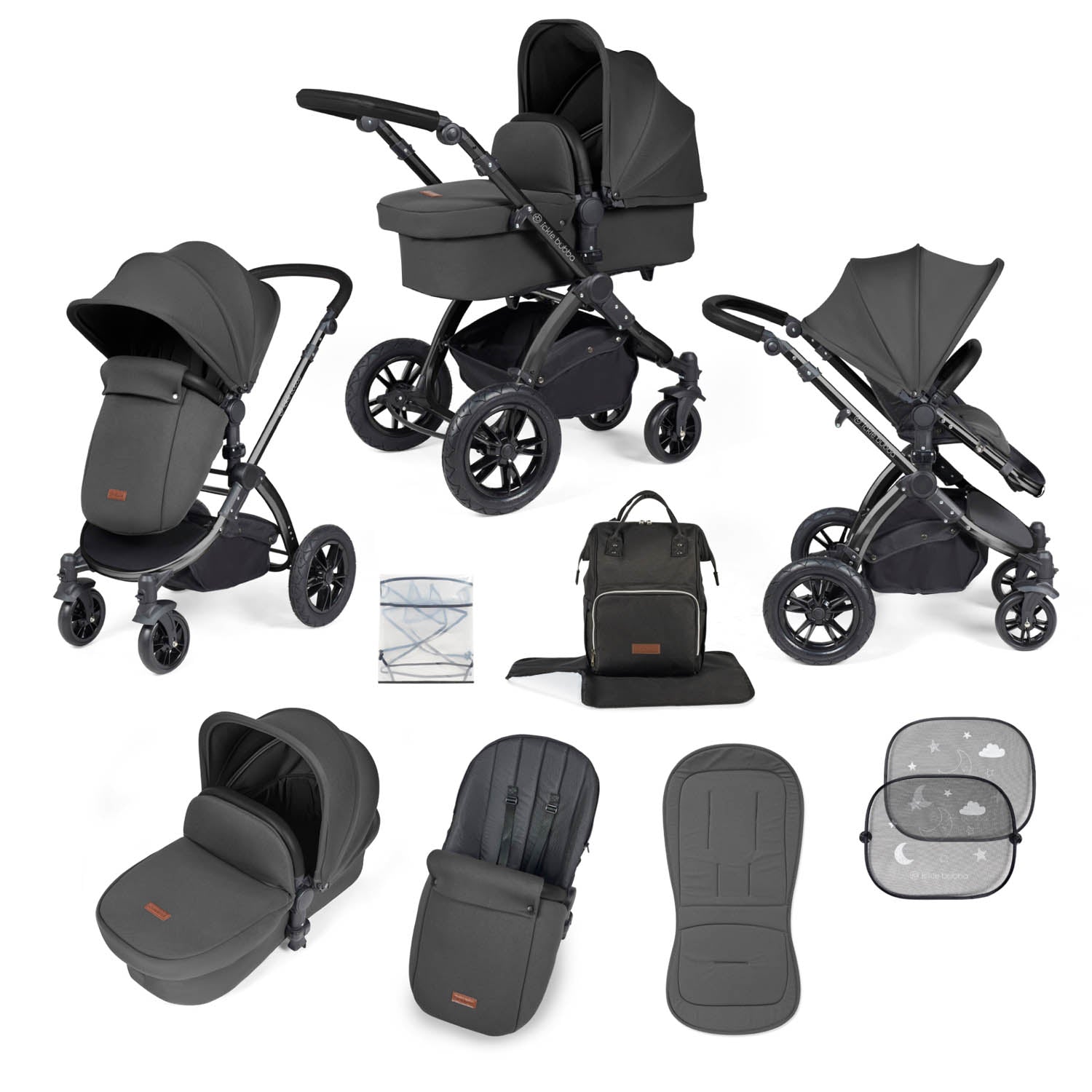Ickle Bubba Stomp Luxe 9 Piece Pram Bundle - Black/Charcoal Grey/Black