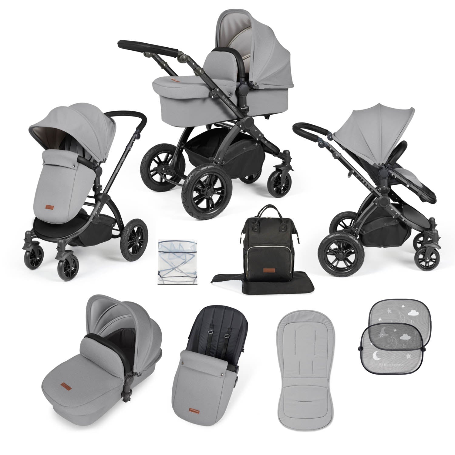 Ickle Bubba Stomp Luxe 9 Piece Pram Bundle - Black/Pearl Grey/Black