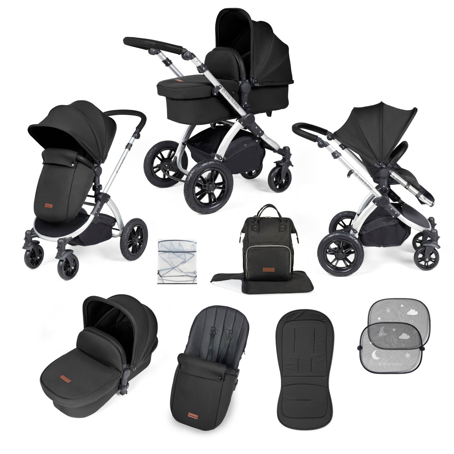 Ickle Bubba Stomp Luxe 9 Piece Pram Bundle - Silver/Midnight/Black