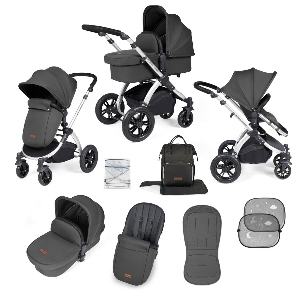 Ickle Bubba Stomp Luxe 9 Piece Pram Bundle - Silver/Charcoal Grey/Black
