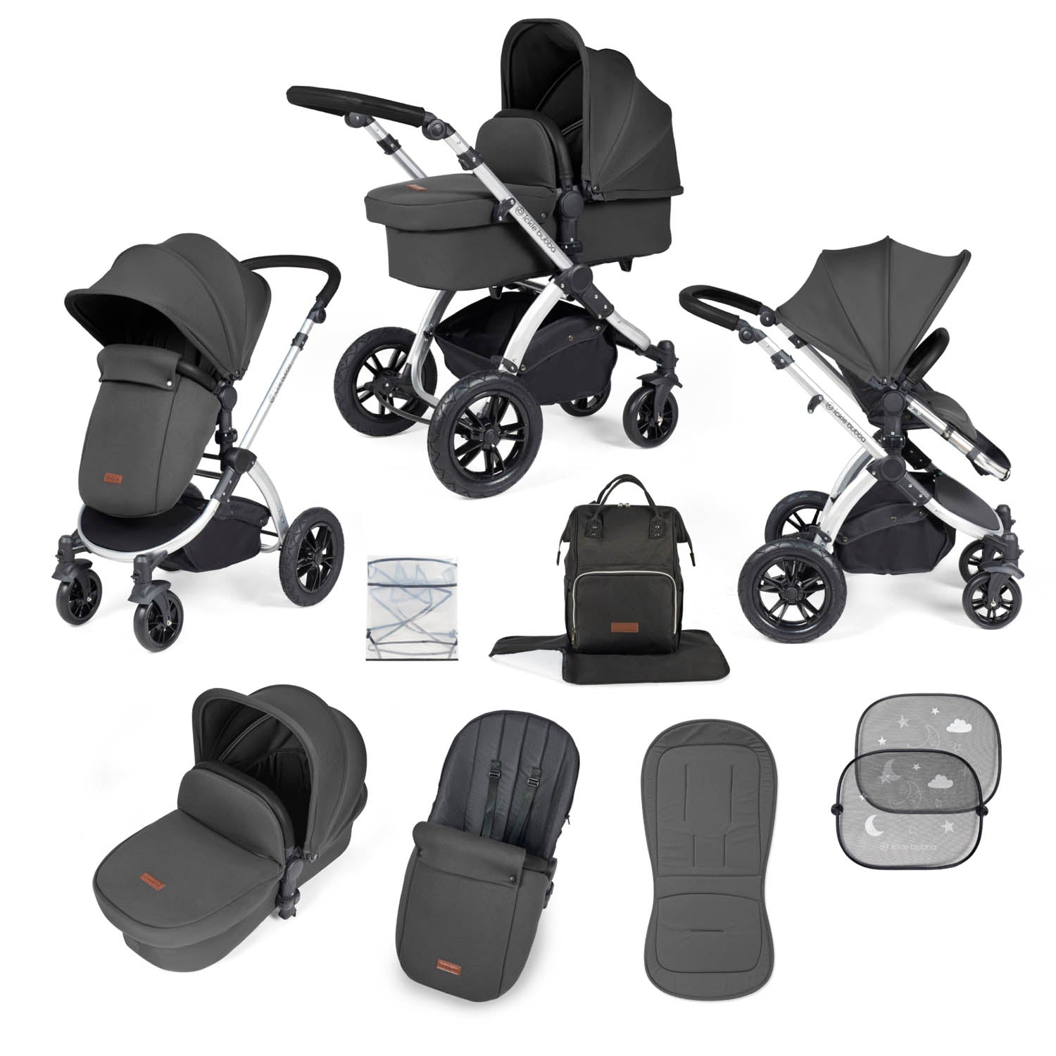 Ickle Bubba Stomp Luxe 9 Piece Pram Bundle - Silver/Charcoal Grey/Black