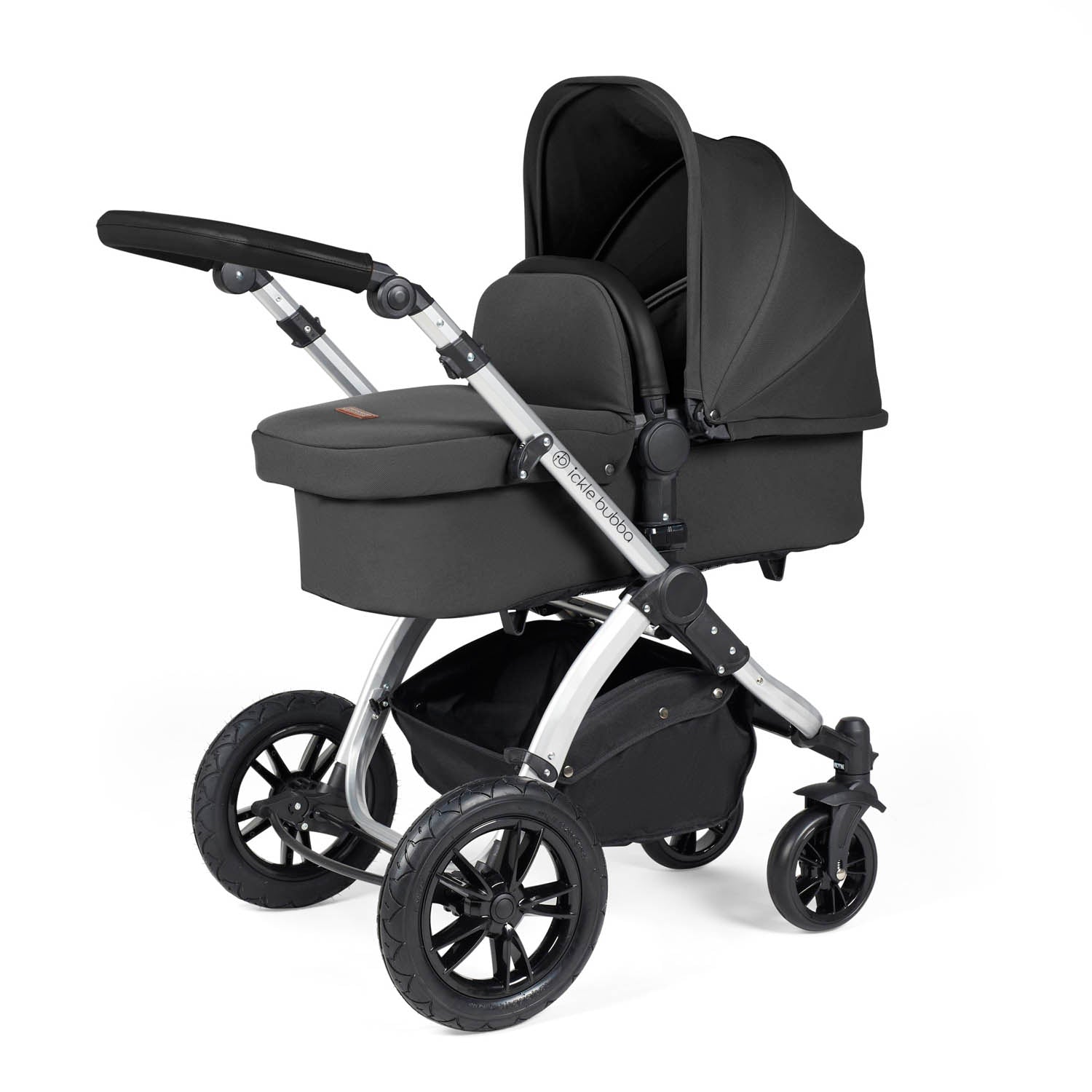 Ickle Bubba Stomp Luxe 9 Piece Pram Bundle - Silver/Charcoal Grey/Black