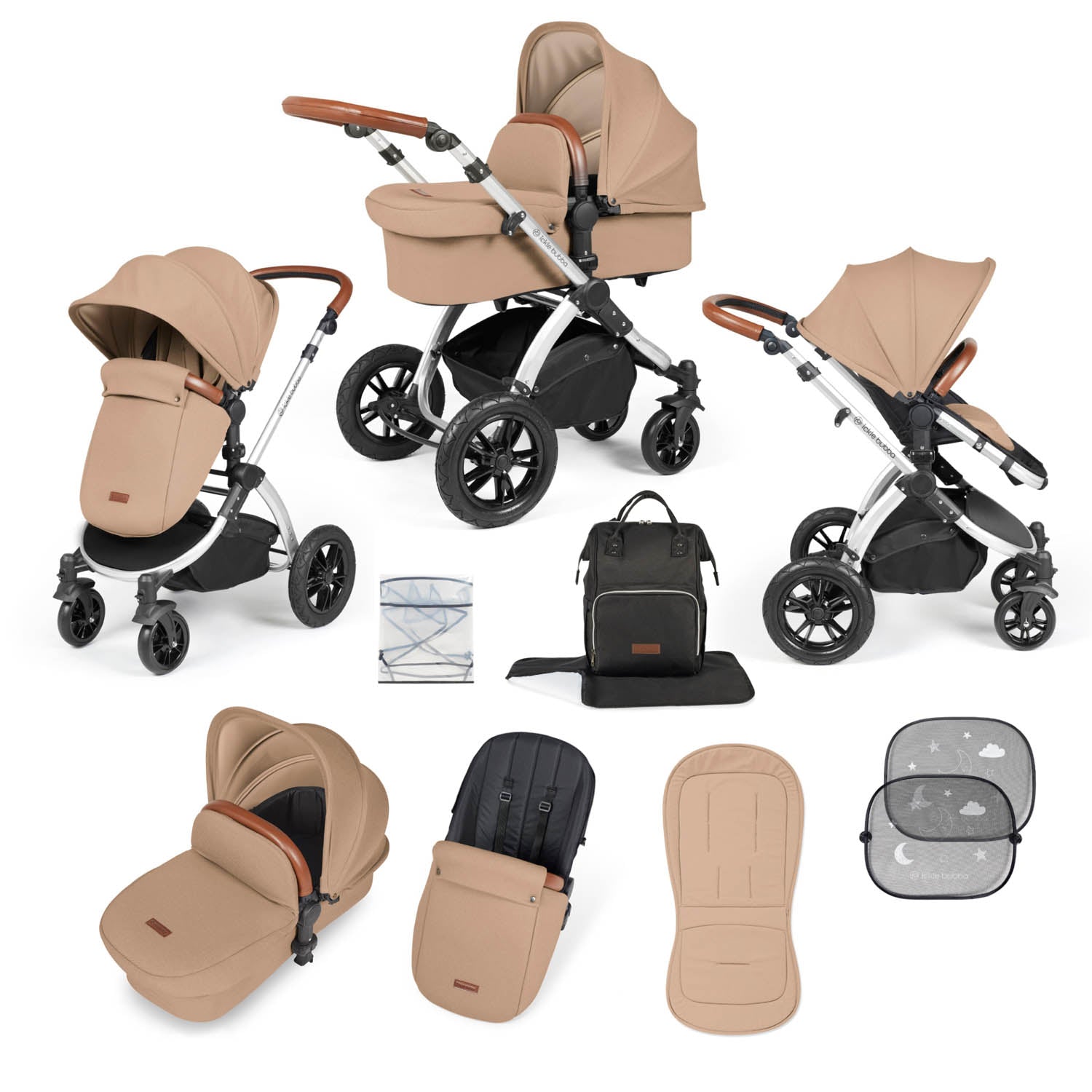 Ickle Bubba Stomp Luxe 9 Piece Pram Bundle - Silver/Desert/Tan