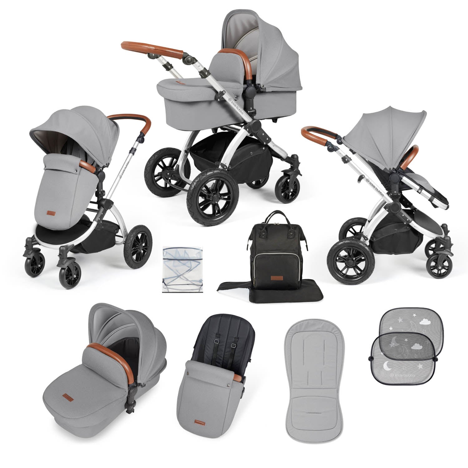 Ickle Bubba Stomp Luxe 9 Piece Pram Bundle - Silver/Pearl Grey/Tan