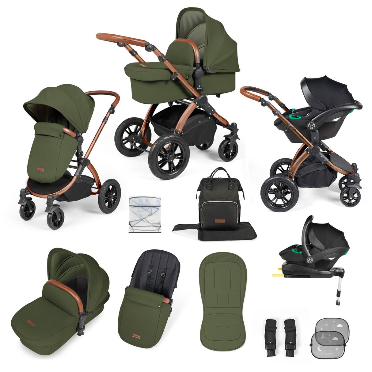 Ickle Bubba Stomp Luxe 12 Piece Travel System with i-Size Stratus Car Seat & Base - Bronze/Woodland/Tan