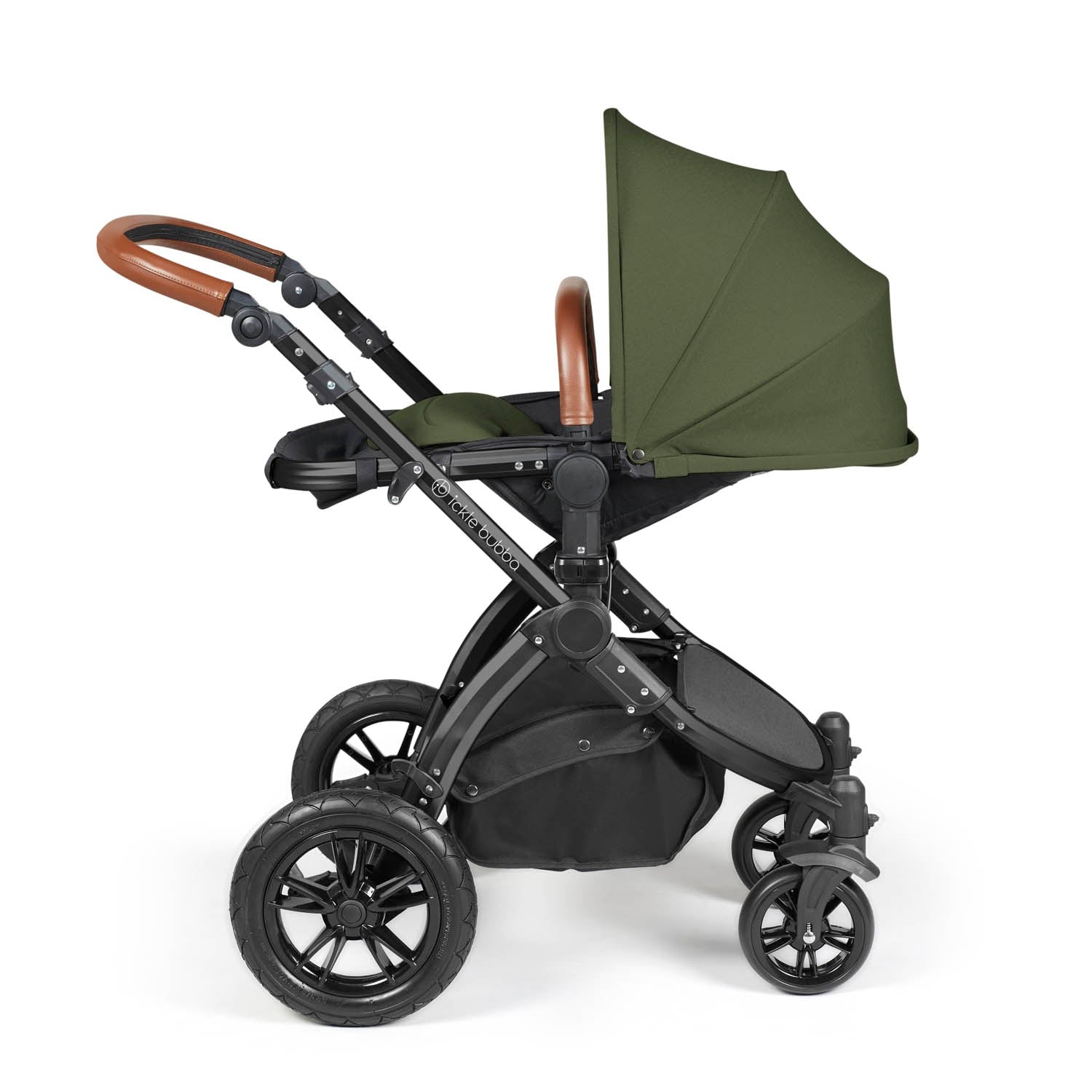 Ickle Bubba Stomp Luxe 12 Piece Travel System with i-Size Stratus Car Seat & Base - Black/Woodland/Tan