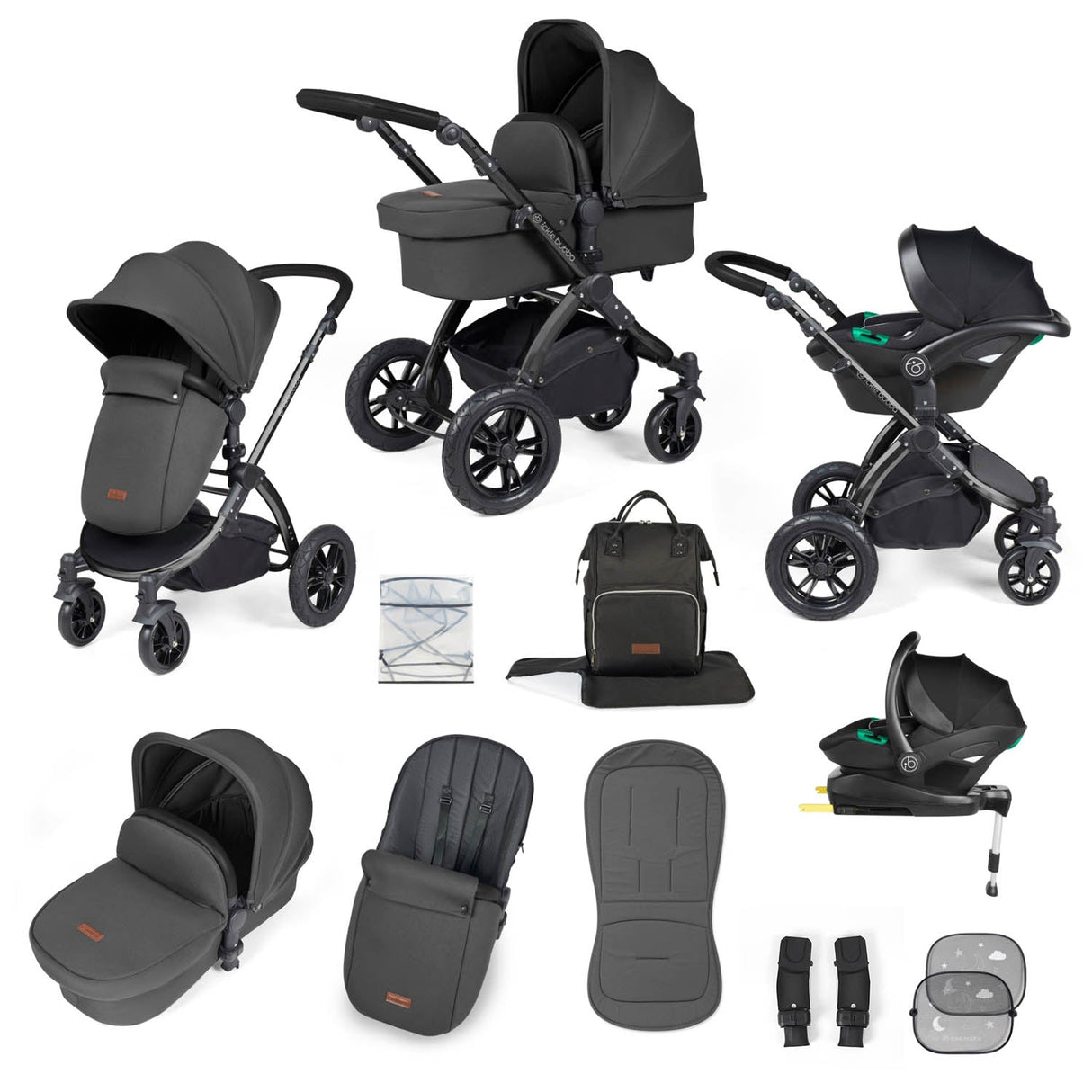 Ickle Bubba Stomp Luxe 12 Piece Travel System with i-Size Stratus Car Seat & Base - Black/Charcoal Grey/Black
