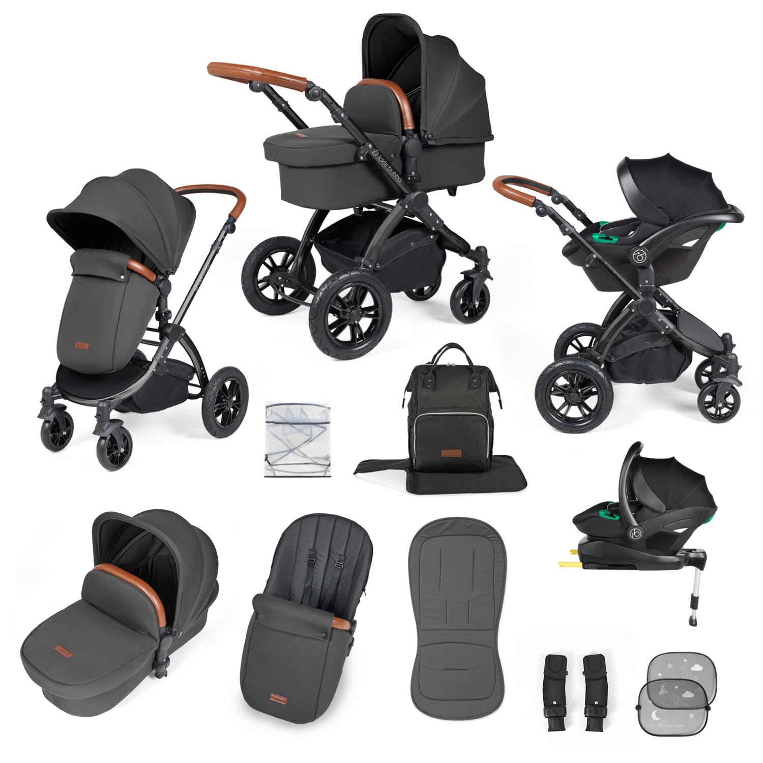 Ickle Bubba Stomp Luxe 12 Piece Travel System with i-Size Stratus Car Seat & Base - Black/Charcoal Grey/Tan