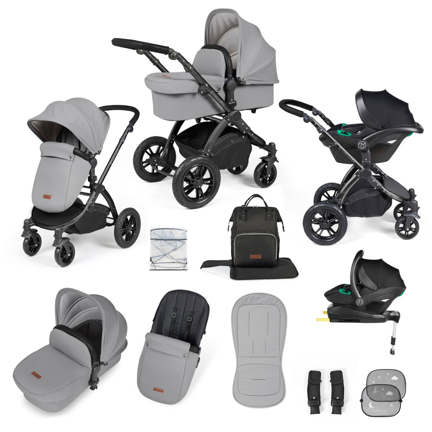 Ickle Bubba Stomp Luxe 12 Piece Travel System with i-Size Stratus Car Seat & Base - Black/Pearl Grey/Black