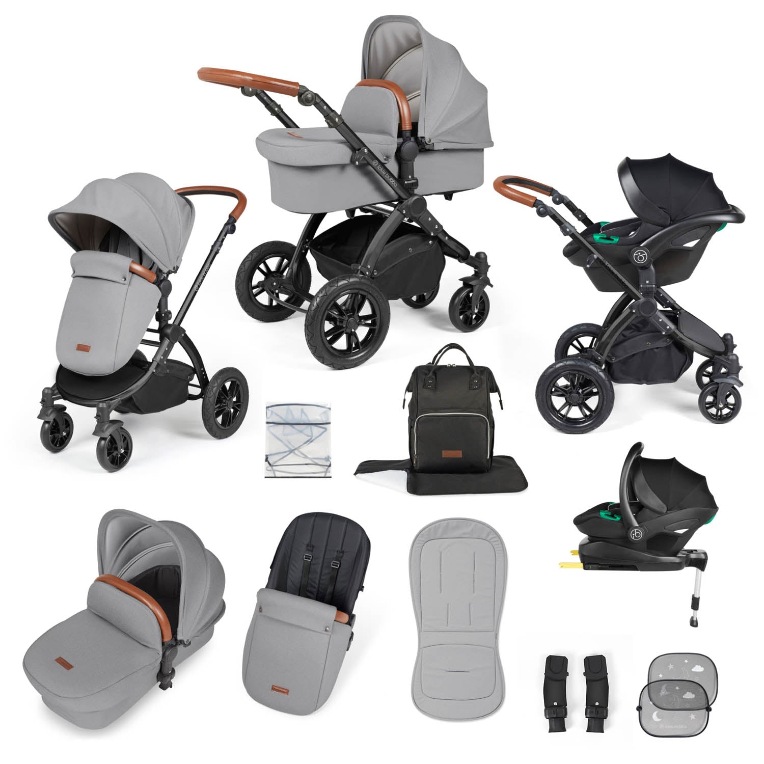 Ickle Bubba Stomp Luxe 12 Piece Travel System with i-Size Stratus Car Seat & Base - Black/Pearl Grey/Tan