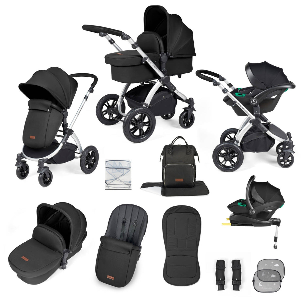 Ickle Bubba Stomp Luxe 12 Piece Travel System with i-Size Stratus Car Seat & Base - Silver/Midnight/Black