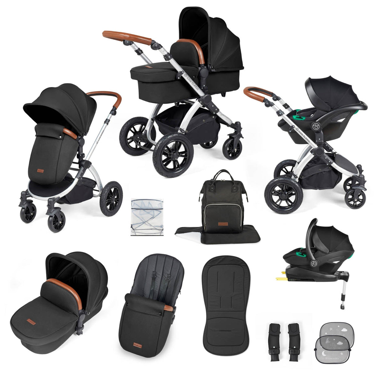 Ickle Bubba Stomp Luxe 12 Piece Travel System with i-Size Stratus Car Seat & Base - Silver/Midnight/Tan