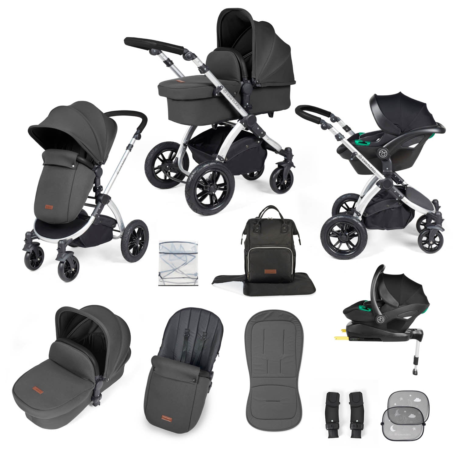 Ickle Bubba Stomp Luxe 12 Piece Travel System with i-Size Stratus Car Seat & Base - Silver/Charcoal Grey/Black