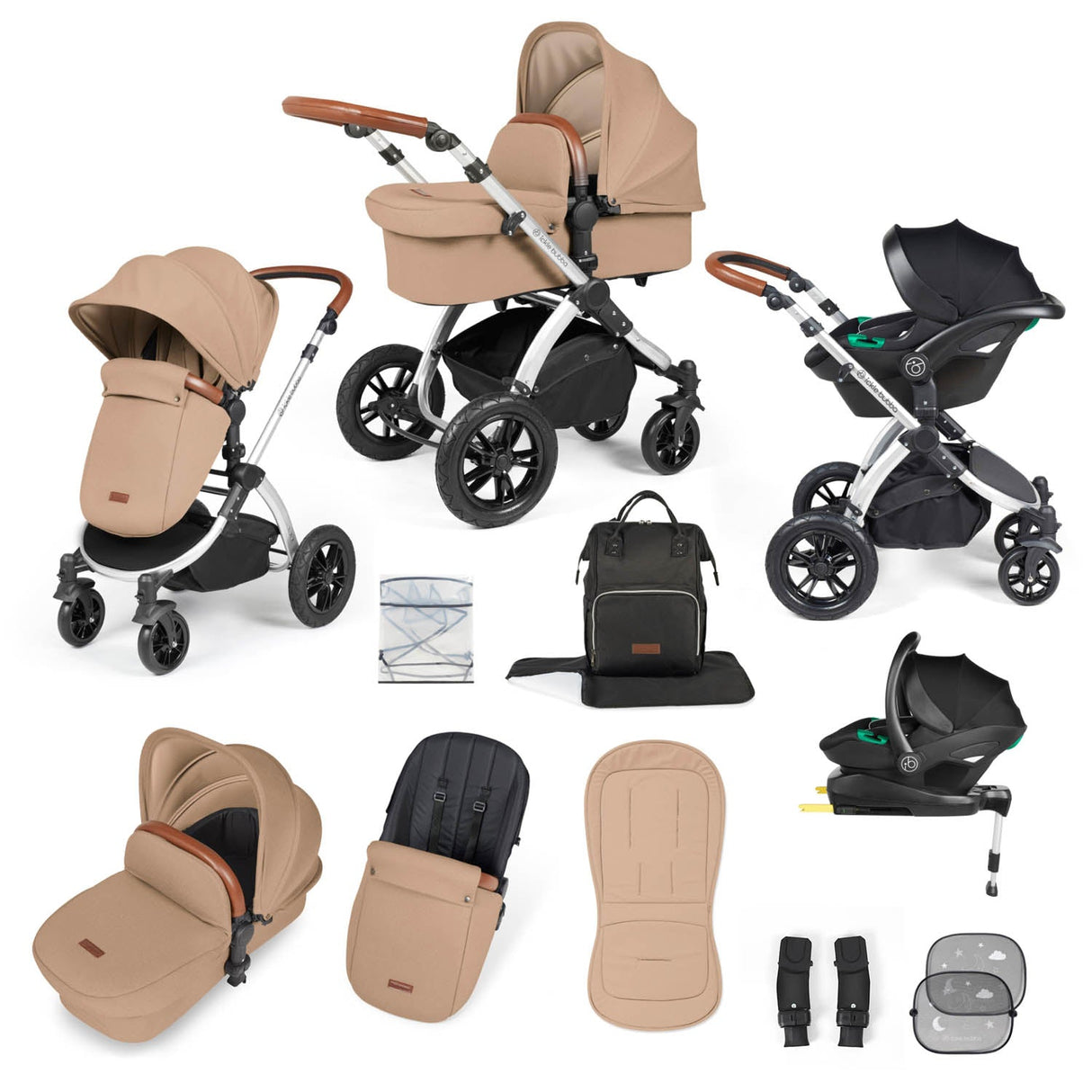 Ickle Bubba Stomp Luxe 12 Piece Travel System with i-Size Stratus Car Seat & Base - Silver/Desert/Tan