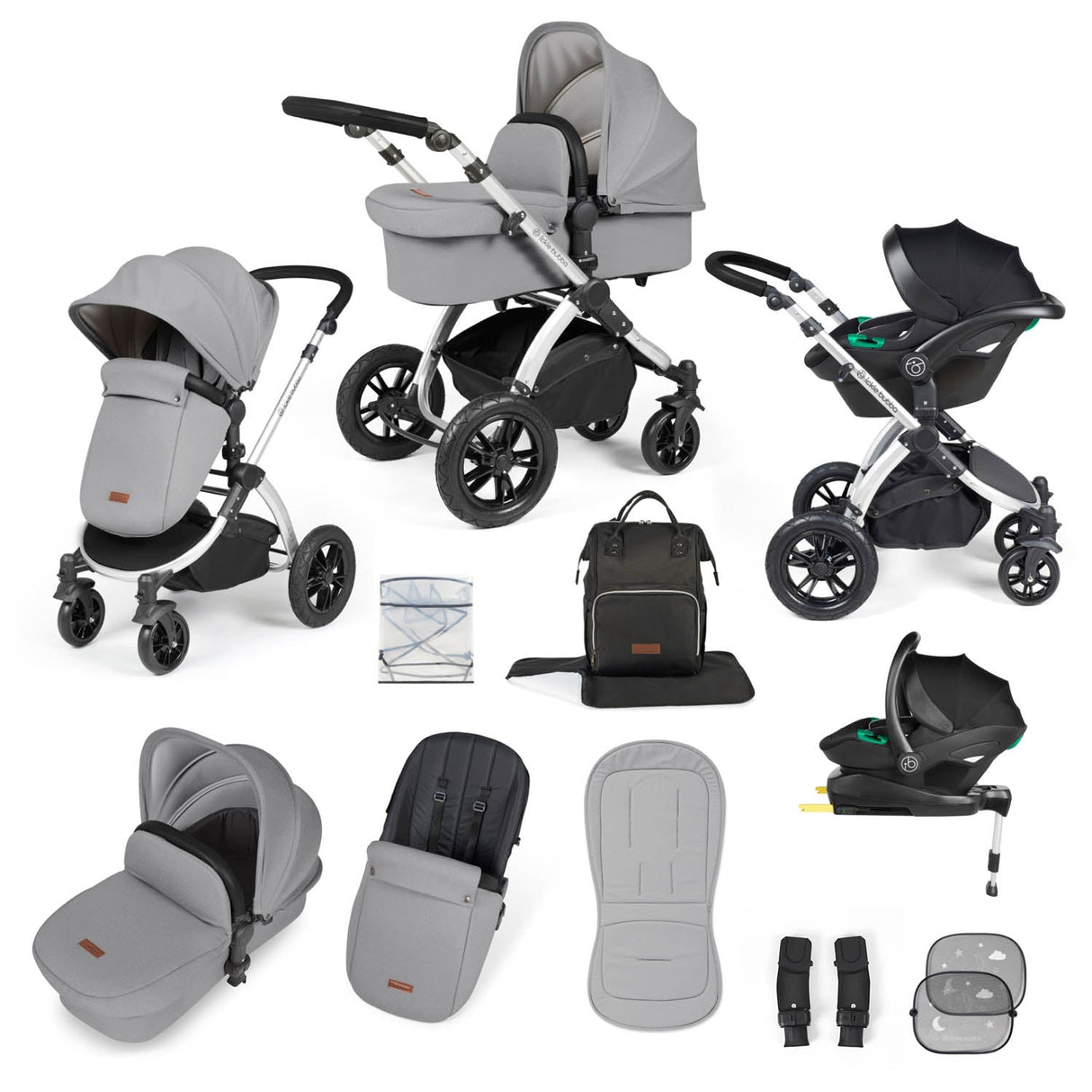 Ickle Bubba Stomp Luxe 12 Piece Travel System with i-Size Stratus Car Seat & Base - Silver/Pearl Grey/Black