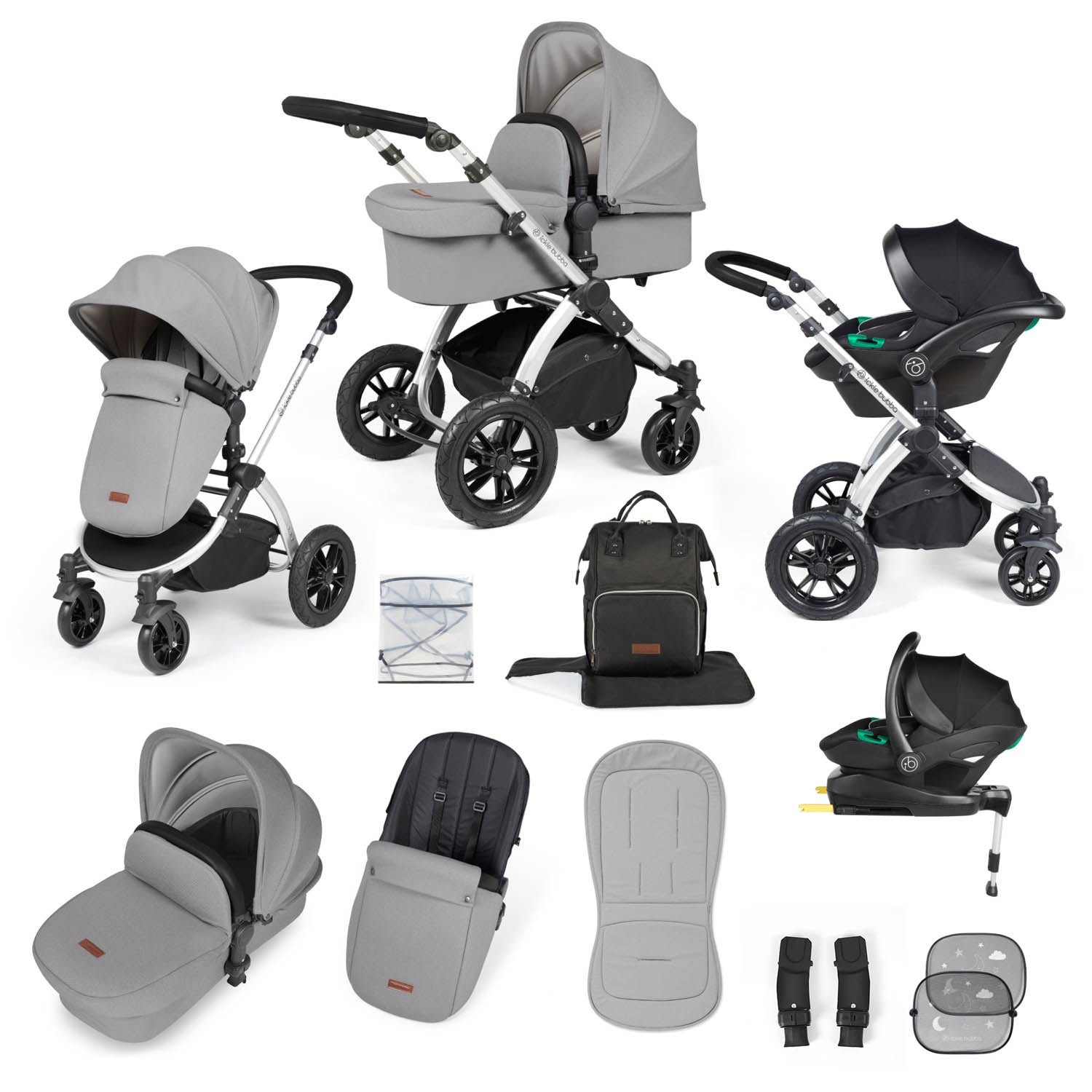 Ickle Bubba Stomp Luxe 12 Piece Travel System with i-Size Stratus Car Seat & Base - Silver/Pearl Grey/Black