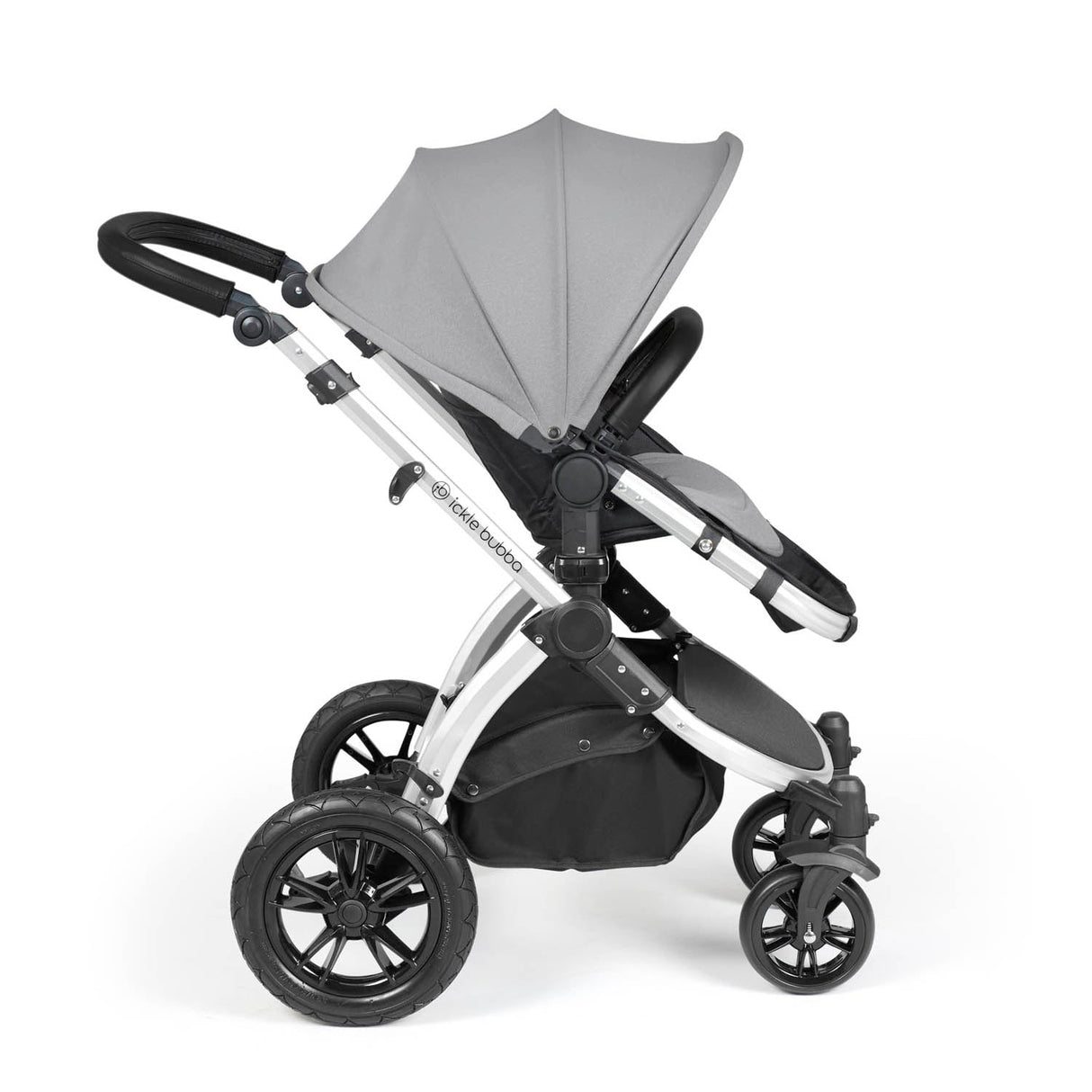 Ickle Bubba Stomp Luxe 12 Piece Travel System with i-Size Stratus Car Seat & Base - Silver/Pearl Grey/Black