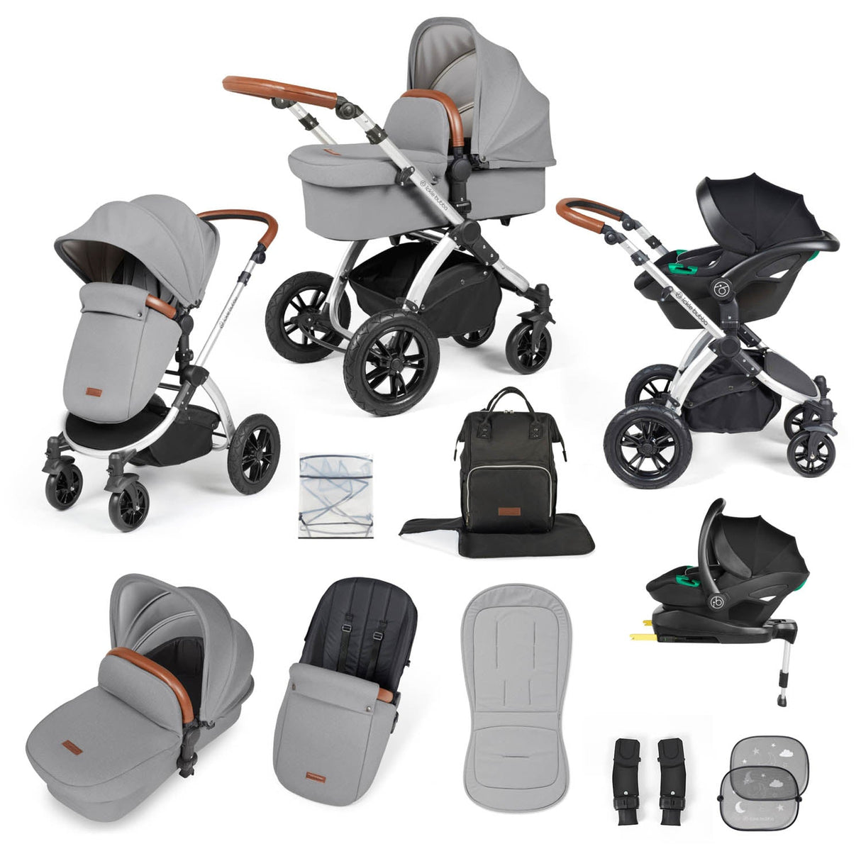 Ickle Bubba Stomp Luxe 12 Piece Travel System with i-Size Stratus Car Seat & Base - Silver/Pearl Grey/Tan