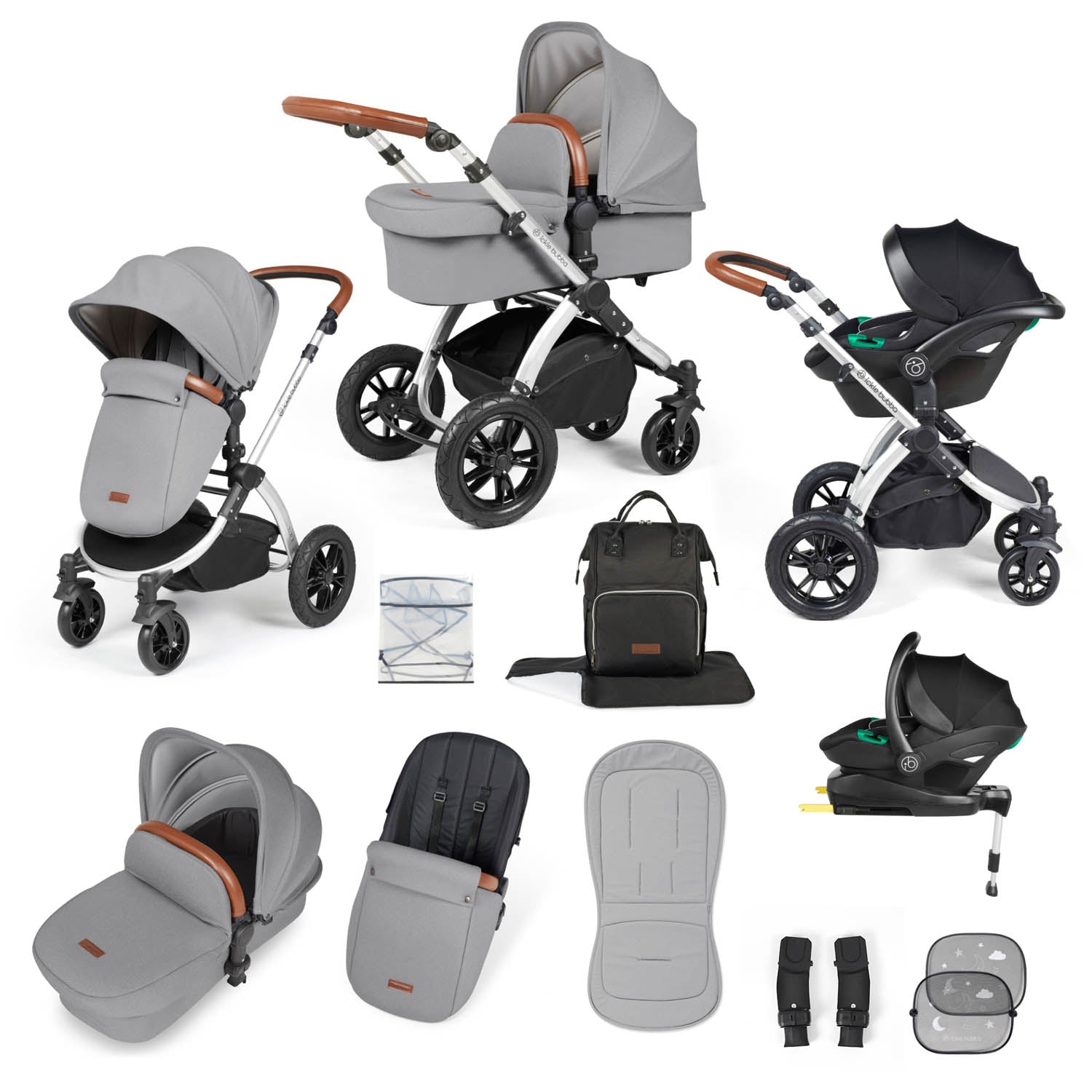 Ickle Bubba Stomp Luxe 12 Piece Travel System with i-Size Stratus Car Seat & Base - Silver/Pearl Grey/Tan