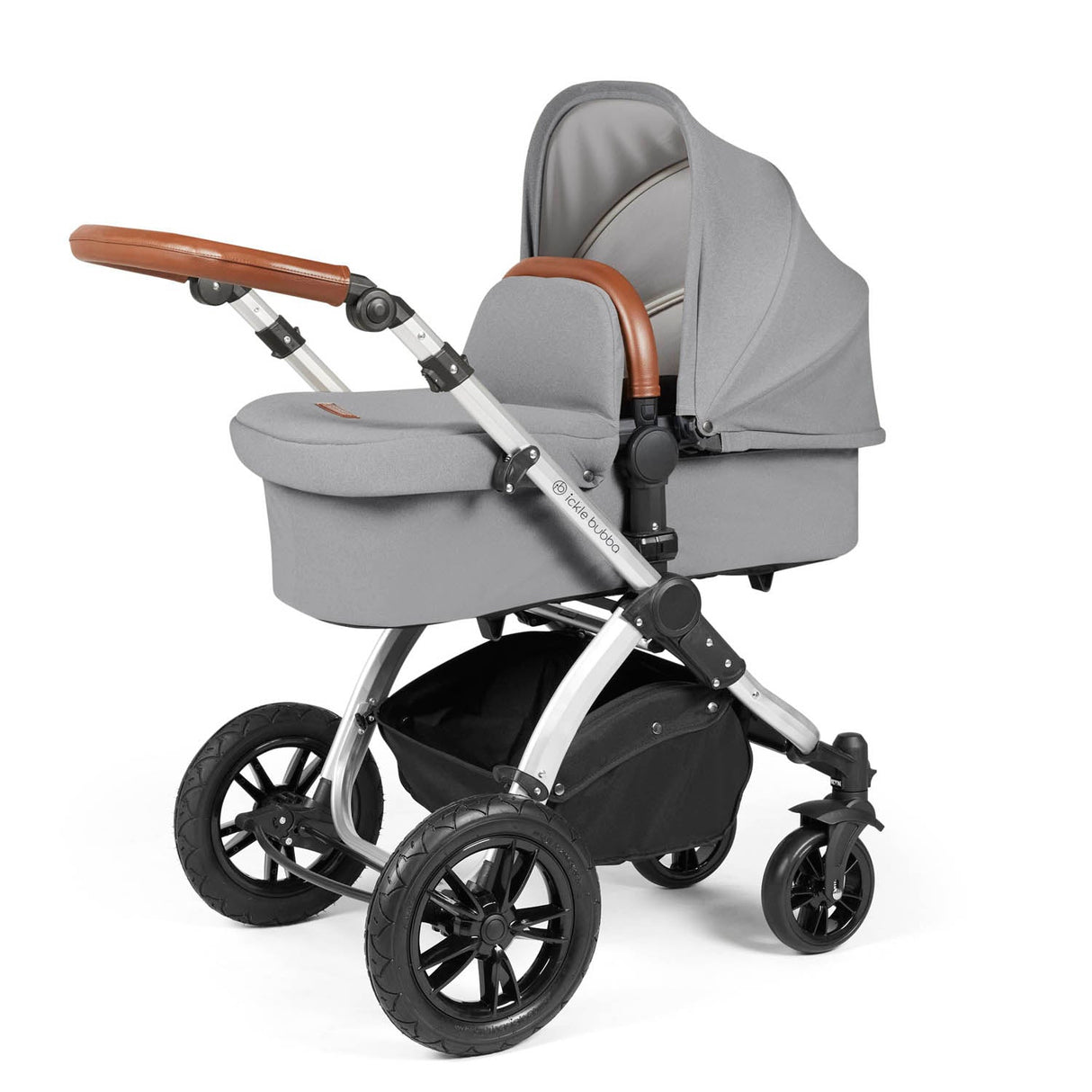 Ickle Bubba Stomp Luxe 12 Piece Travel System with i-Size Stratus Car Seat & Base - Silver/Pearl Grey/Tan