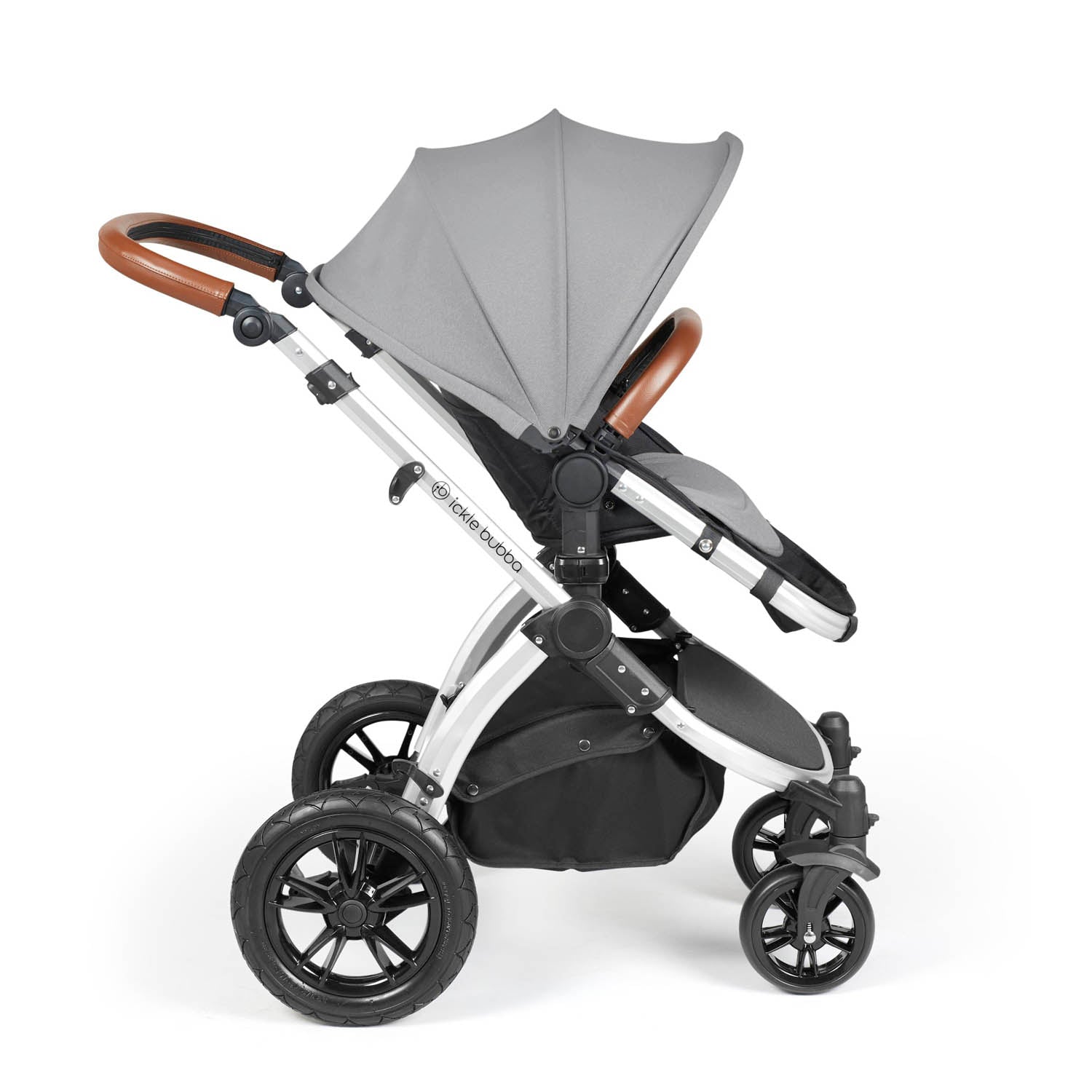 Ickle Bubba Stomp Luxe 12 Piece Travel System with i-Size Stratus Car Seat & Base - Silver/Pearl Grey/Tan