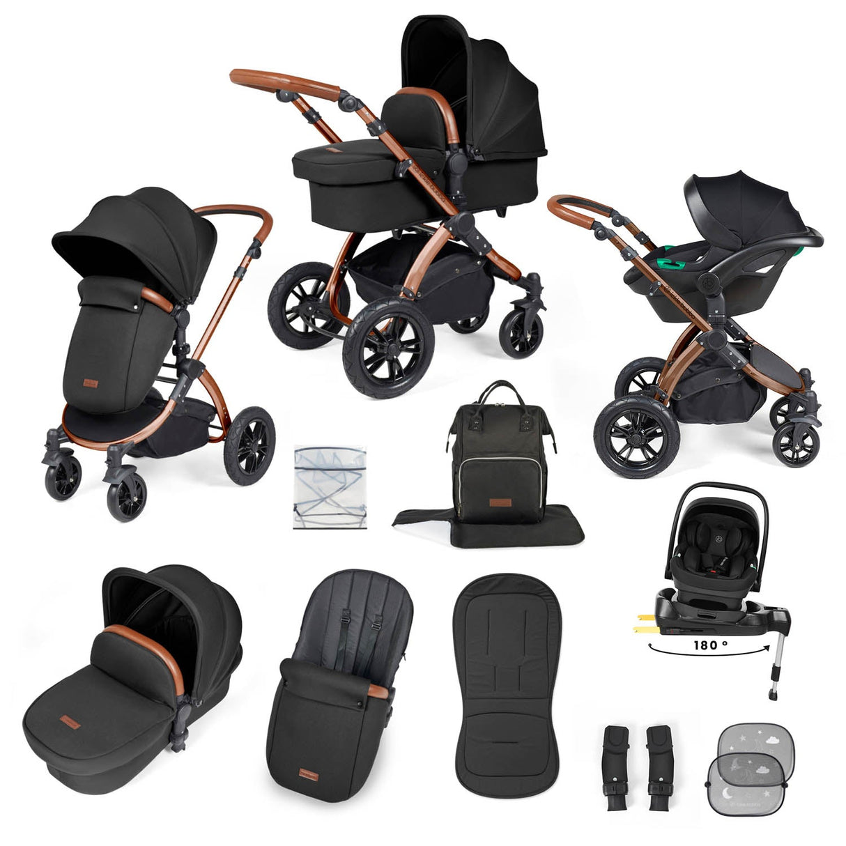 Ickle Bubba Stomp Luxe 12 Piece Travel System with i-Size Nimbus Car Seat & Spin Base - Bronze/Midnight/Tan