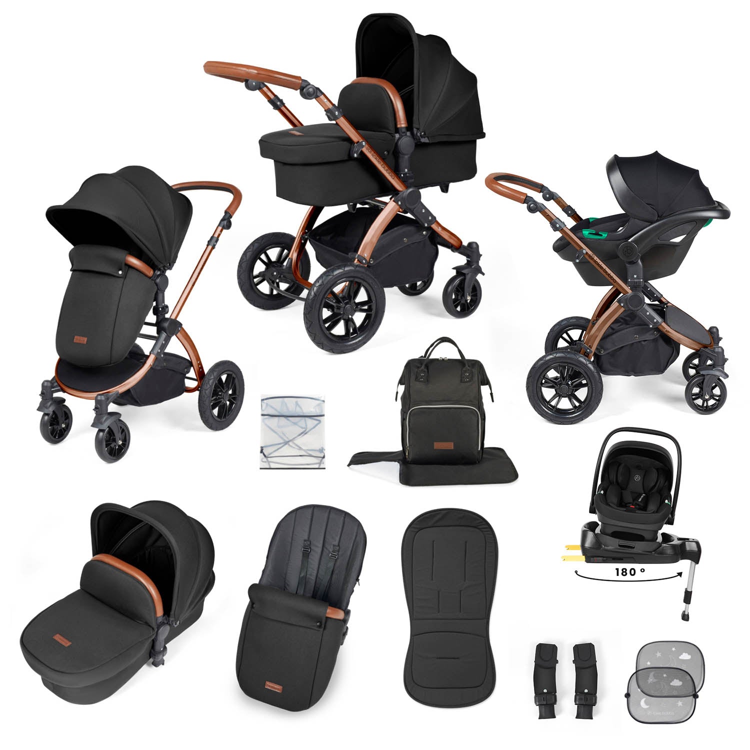 Ickle Bubba Stomp Luxe 12 Piece Travel System with i-Size Nimbus Car Seat & Spin Base - Bronze/Midnight/Tan
