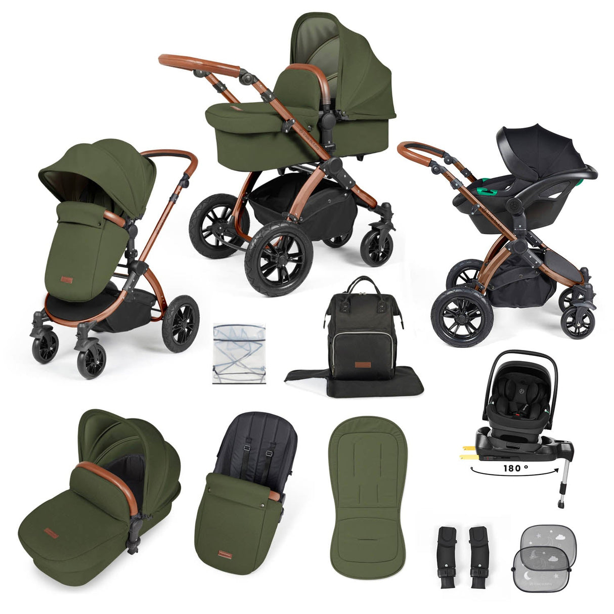Ickle Bubba Stomp Luxe 12 Piece Travel System with i-Size Nimbus Car Seat & Spin Base - Bronze/Woodland/Tan