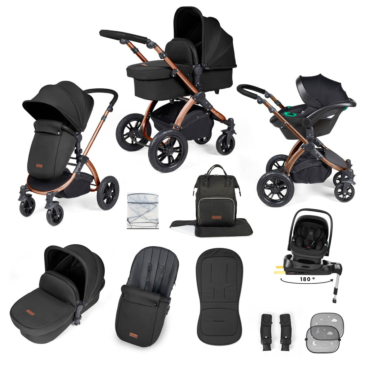 Ickle Bubba Stomp Luxe 12 Piece Travel System with i-Size Nimbus Car Seat & Spin Base - Bronze/Midnight/Black