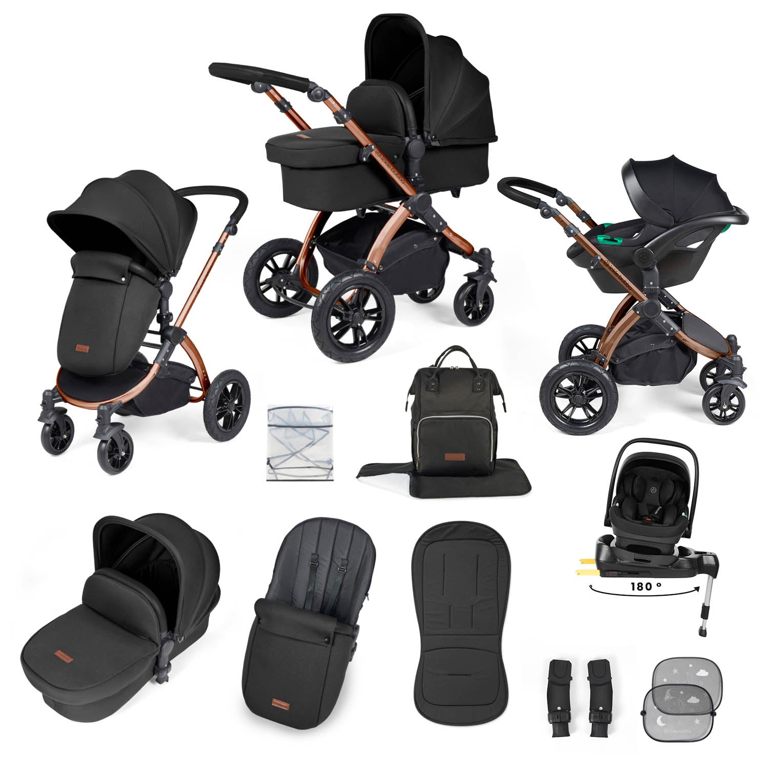 Ickle Bubba Stomp Luxe 12 Piece Travel System with i-Size Nimbus Car Seat & Spin Base - Bronze/Midnight/Black