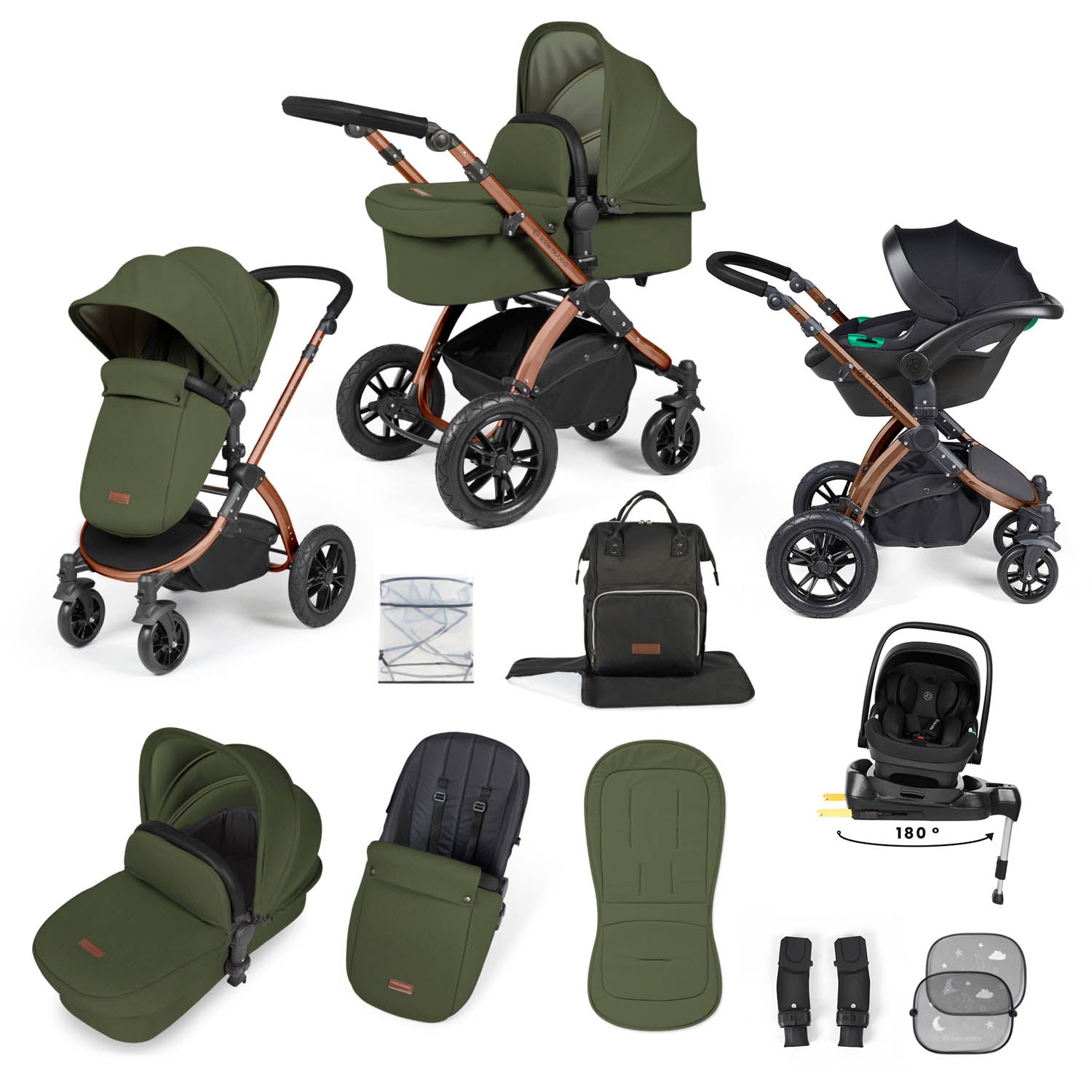 Ickle Bubba Stomp Luxe 12 Piece Travel System with i-Size Nimbus Car Seat & Spin Base - Bronze/Woodland/Black
