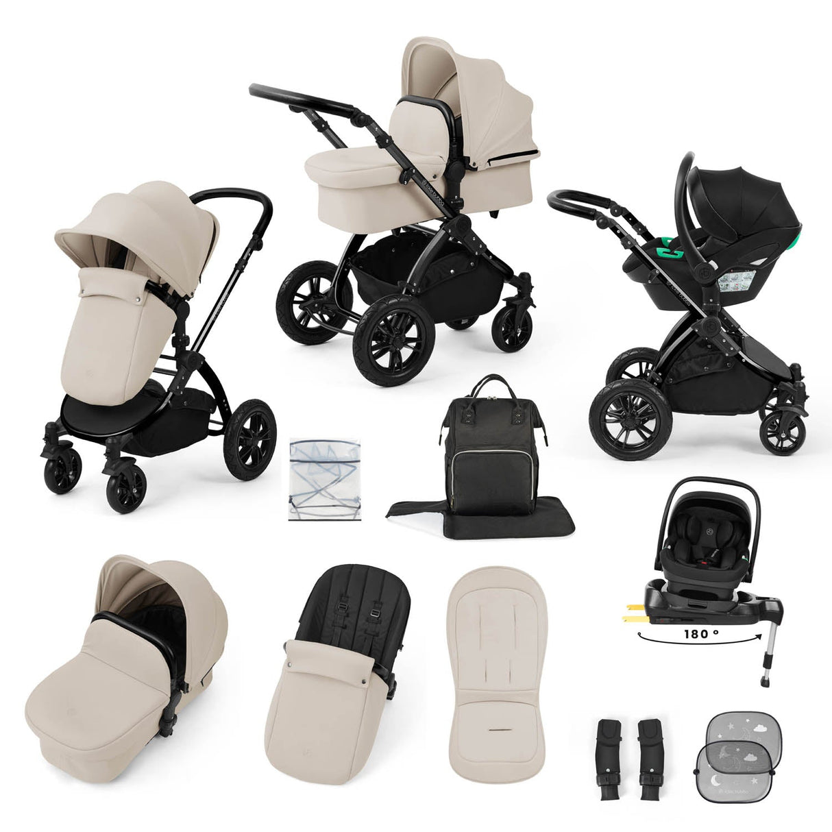 Ickle Bubba Stomp Luxe 12 Piece Travel System with i-Size Nimbus Car Seat & Spin Base - Black/Stone/Black