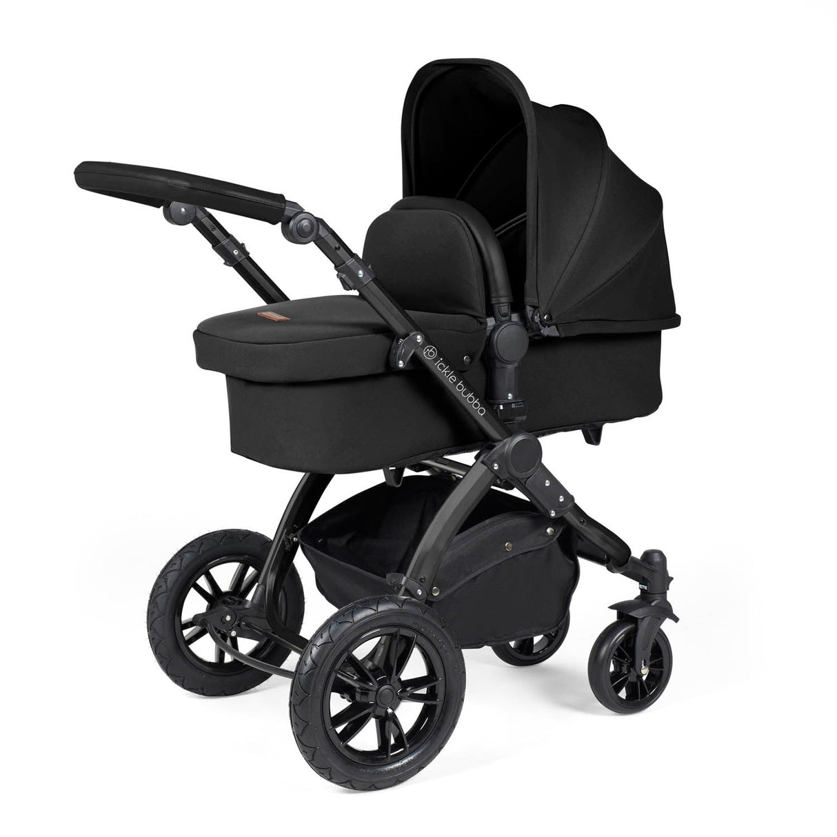 Ickle Bubba Stomp Luxe 12 Piece Travel System with i-Size Nimbus Car Seat & Spin Base - Black/Midnight/Black