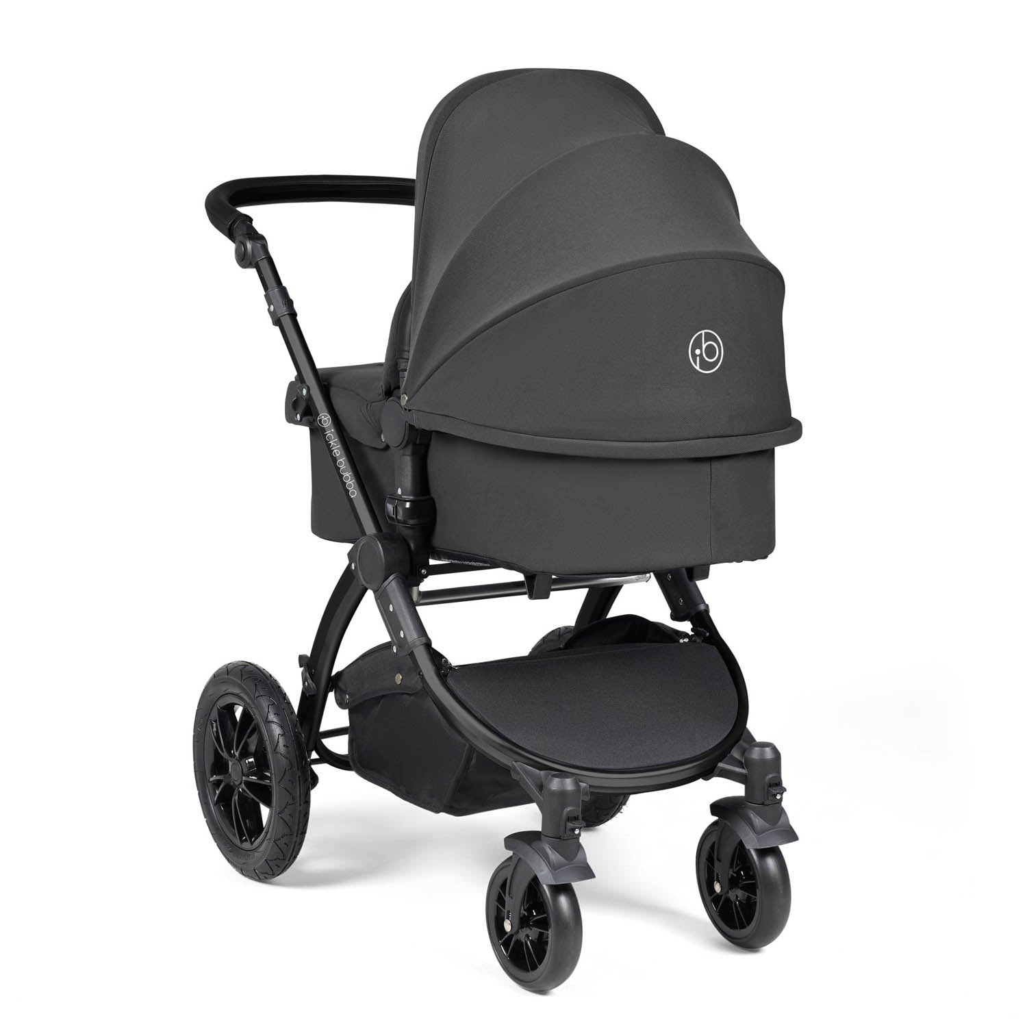 Ickle Bubba Stomp Luxe 12 Piece Travel System with i-Size Nimbus Car Seat & Spin Base - Black/Charcoal Grey/Black