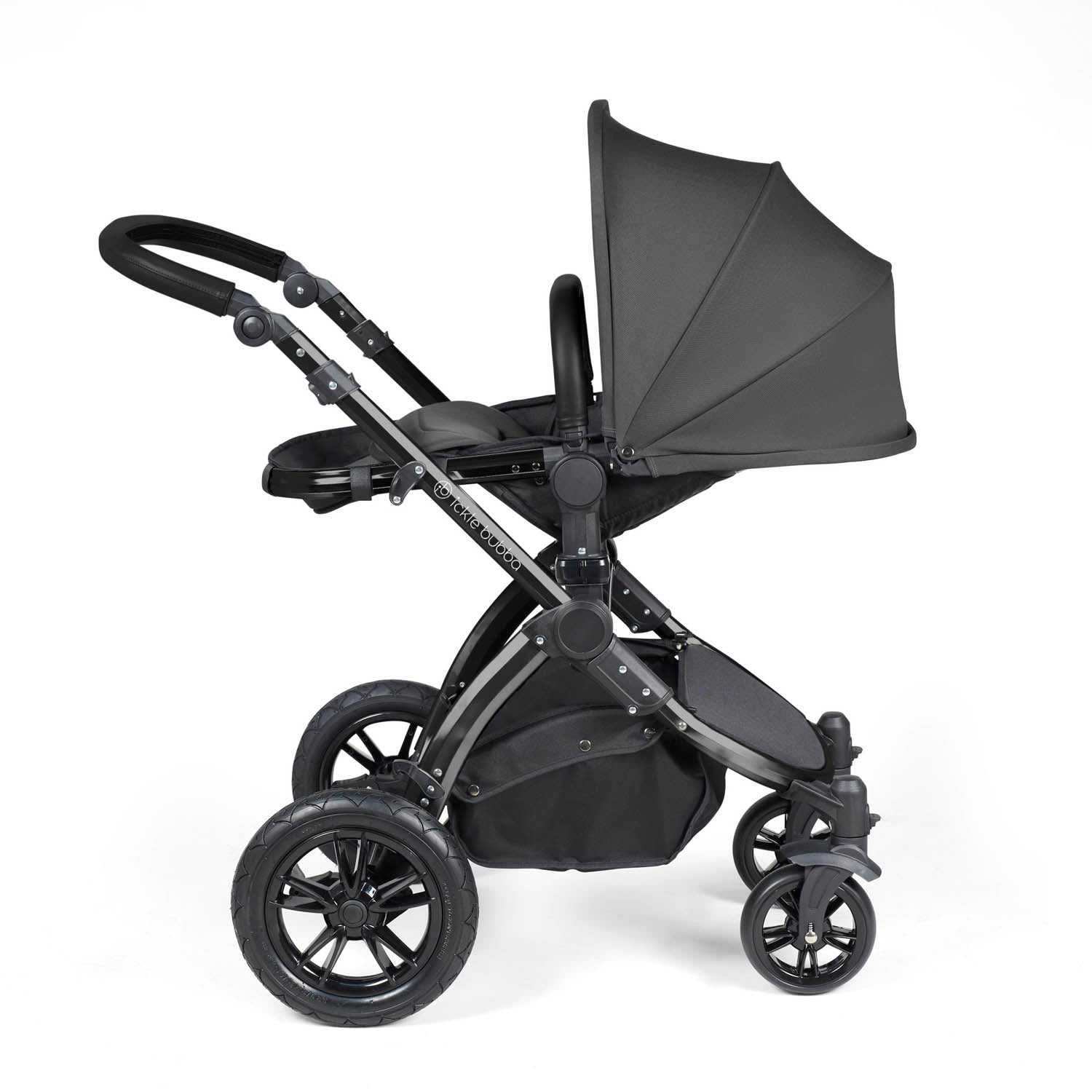Ickle Bubba Stomp Luxe 12 Piece Travel System with i-Size Nimbus Car Seat & Spin Base - Black/Charcoal Grey/Black