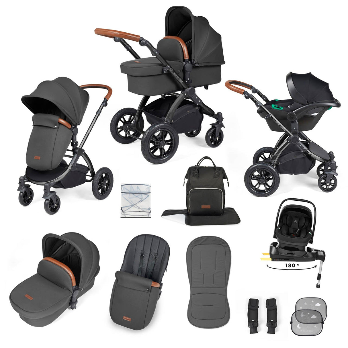 Ickle Bubba Stomp Luxe 12 Piece Travel System with i-Size Nimbus Car Seat & Spin Base - Black/Charcoal Grey/Tan