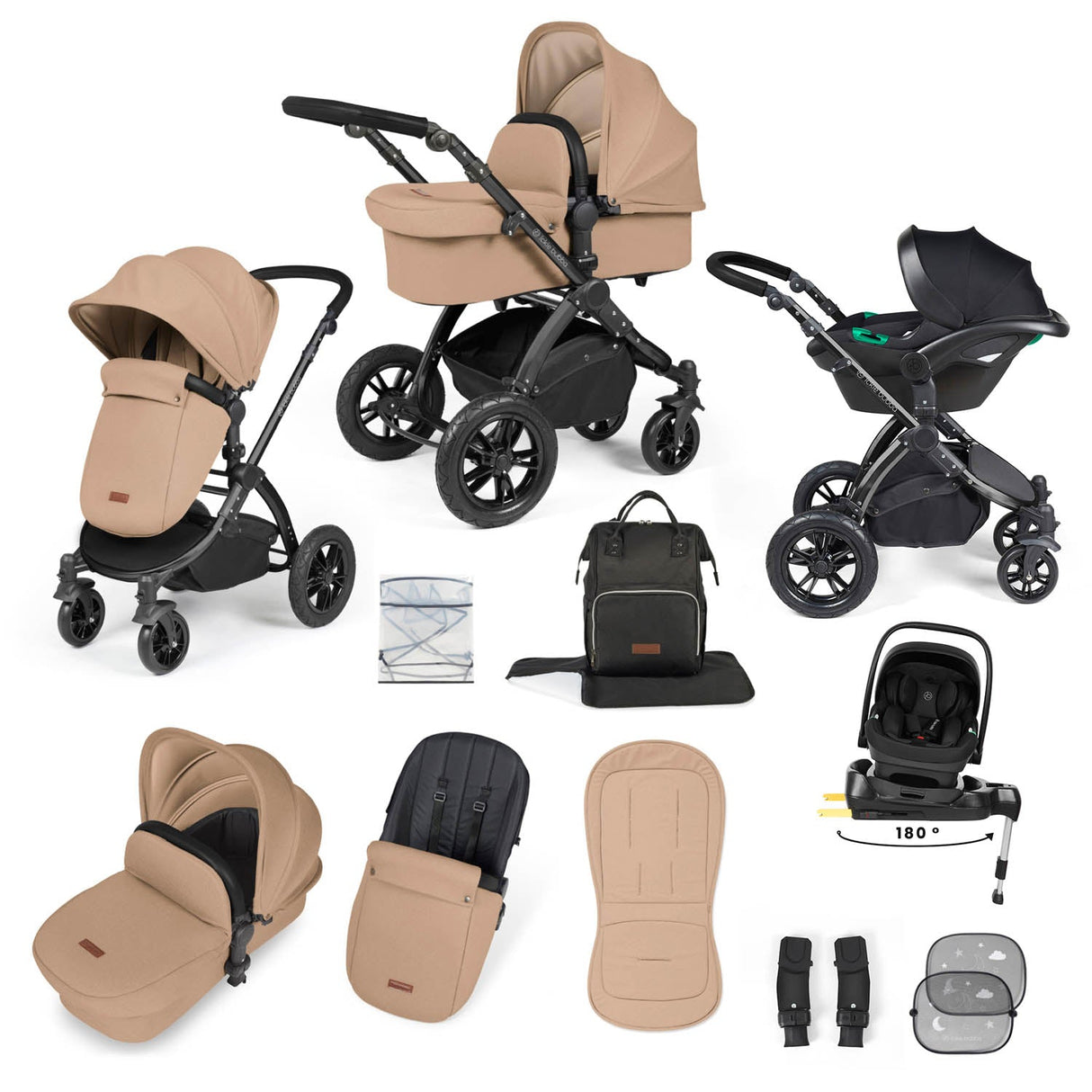 Ickle Bubba Stomp Luxe 12 Piece Travel System with i-Size Nimbus Car Seat & Spin Base - Black/Desert/Black