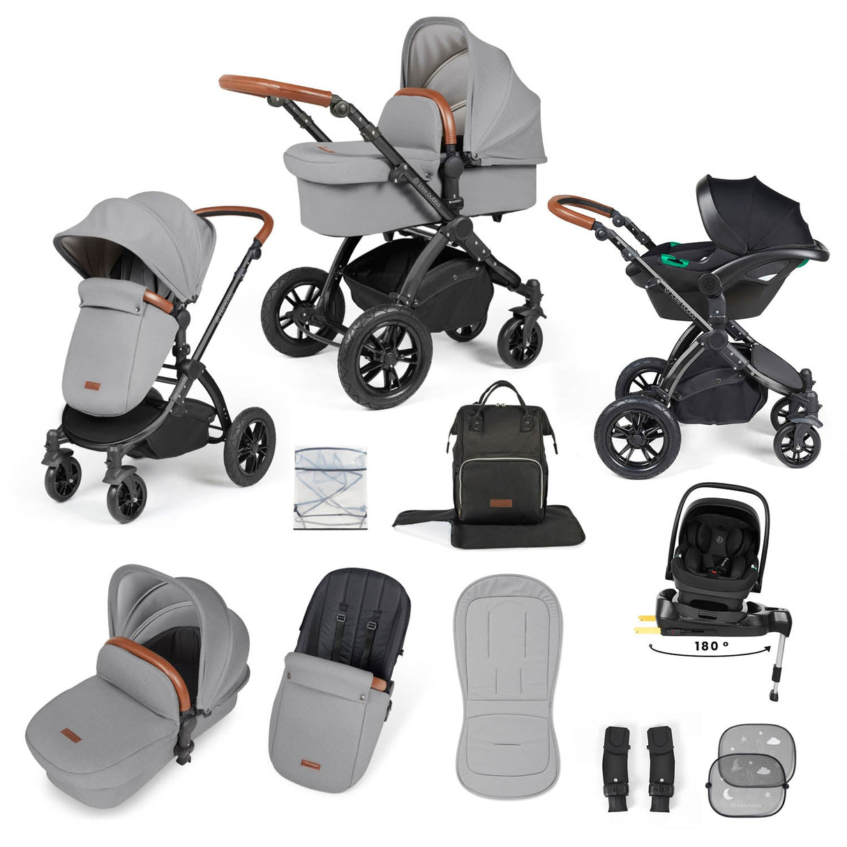 Ickle Bubba Stomp Luxe 12 Piece Travel System with i-Size Nimbus Car Seat & Spin Base - Black/Pearl Grey/Tan