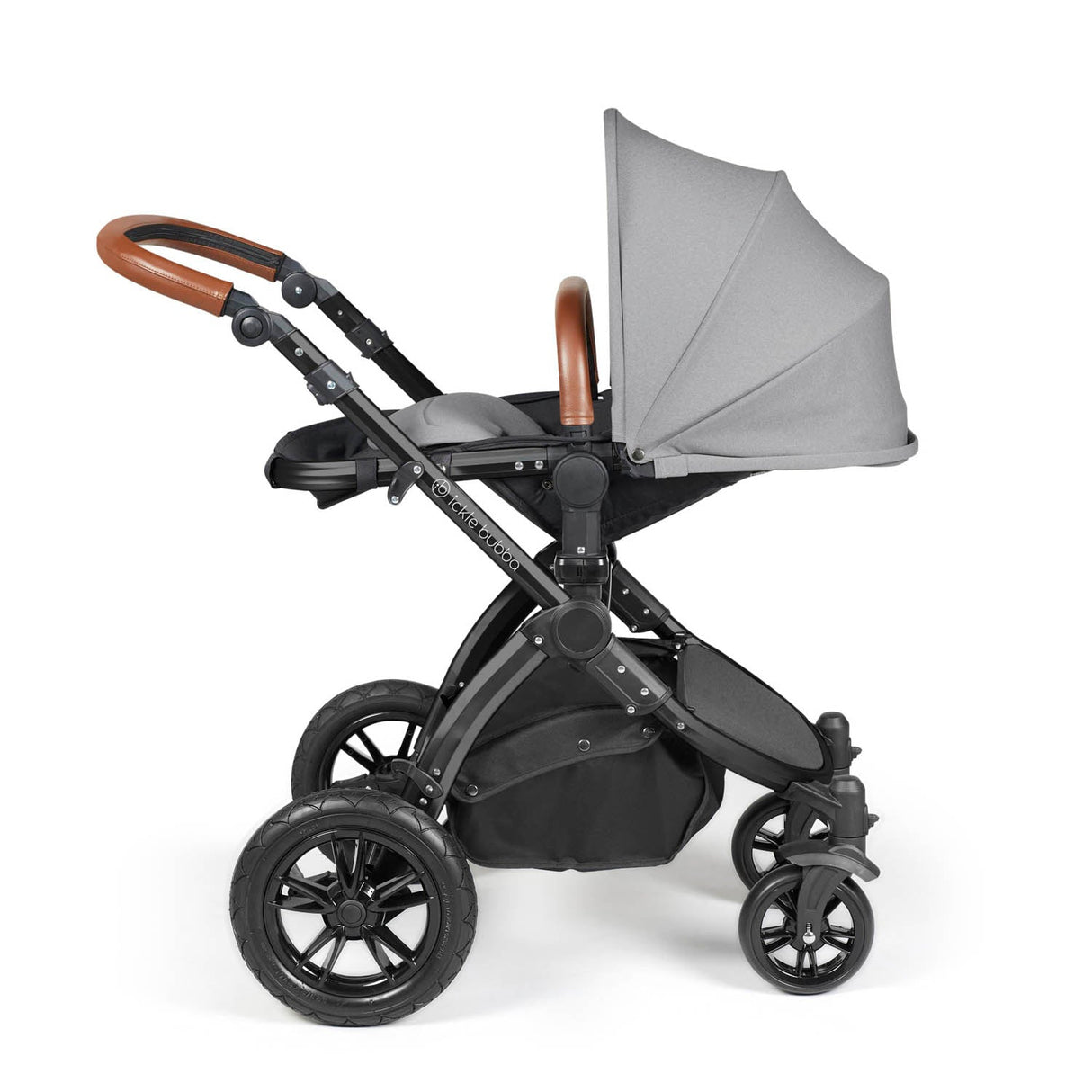 Ickle Bubba Stomp Luxe 12 Piece Travel System with i-Size Nimbus Car Seat & Spin Base - Black/Pearl Grey/Tan