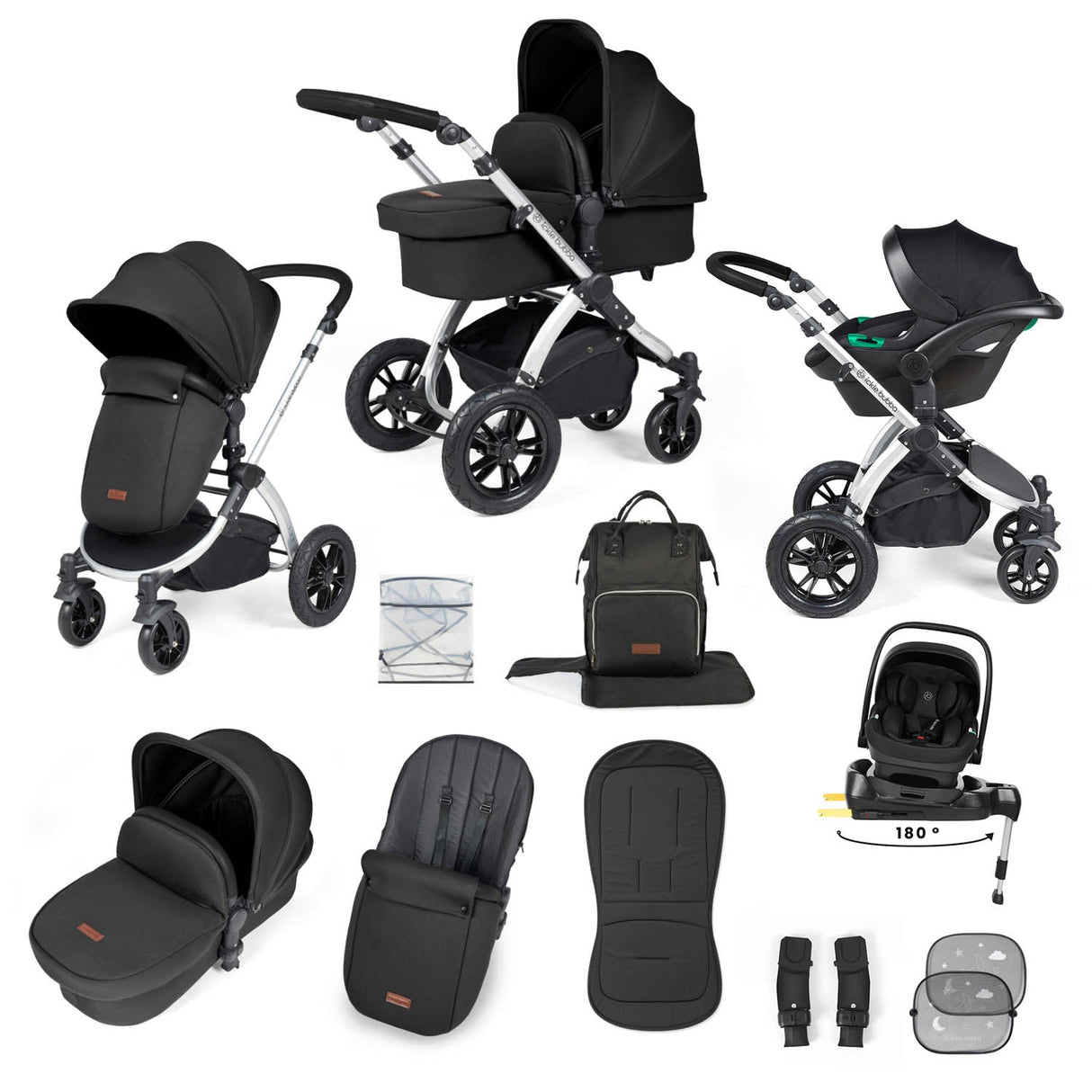 Ickle Bubba Stomp Luxe 12 Piece Travel System with i-Size Nimbus Car Seat & Spin Base - Silver/Midnight/Black