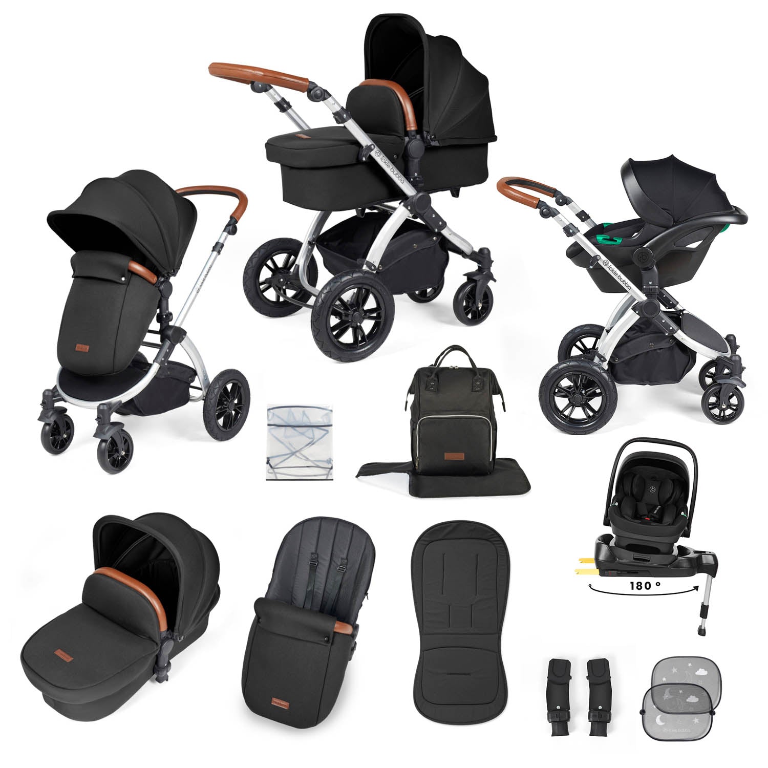 Ickle Bubba Stomp Luxe 12 Piece Travel System with i-Size Nimbus Car Seat & Spin Base - Silver/Midnight/Tan