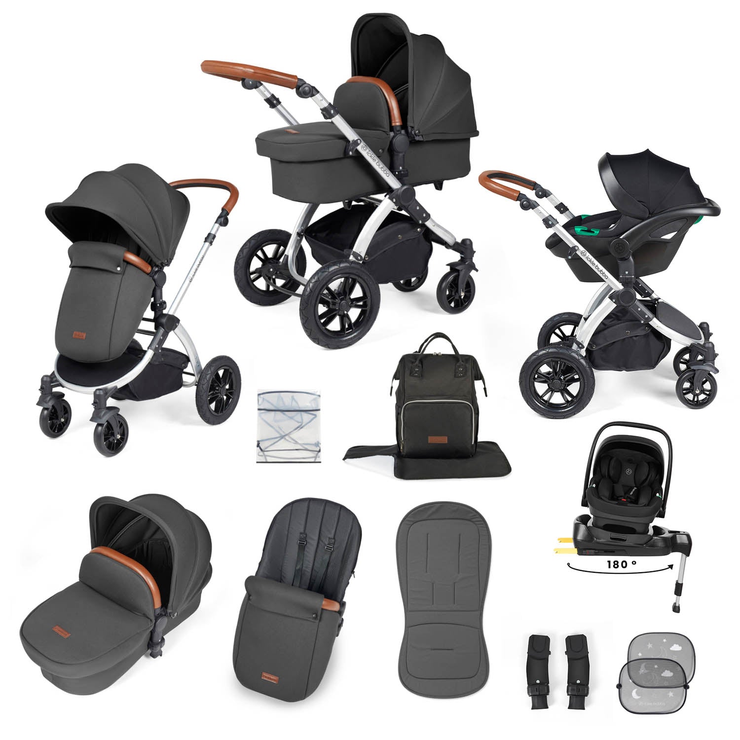 Ickle Bubba Stomp Luxe 12 Piece Travel System with i-Size Nimbus Car Seat & Spin Base - Silver/Charcoal Grey/Tan